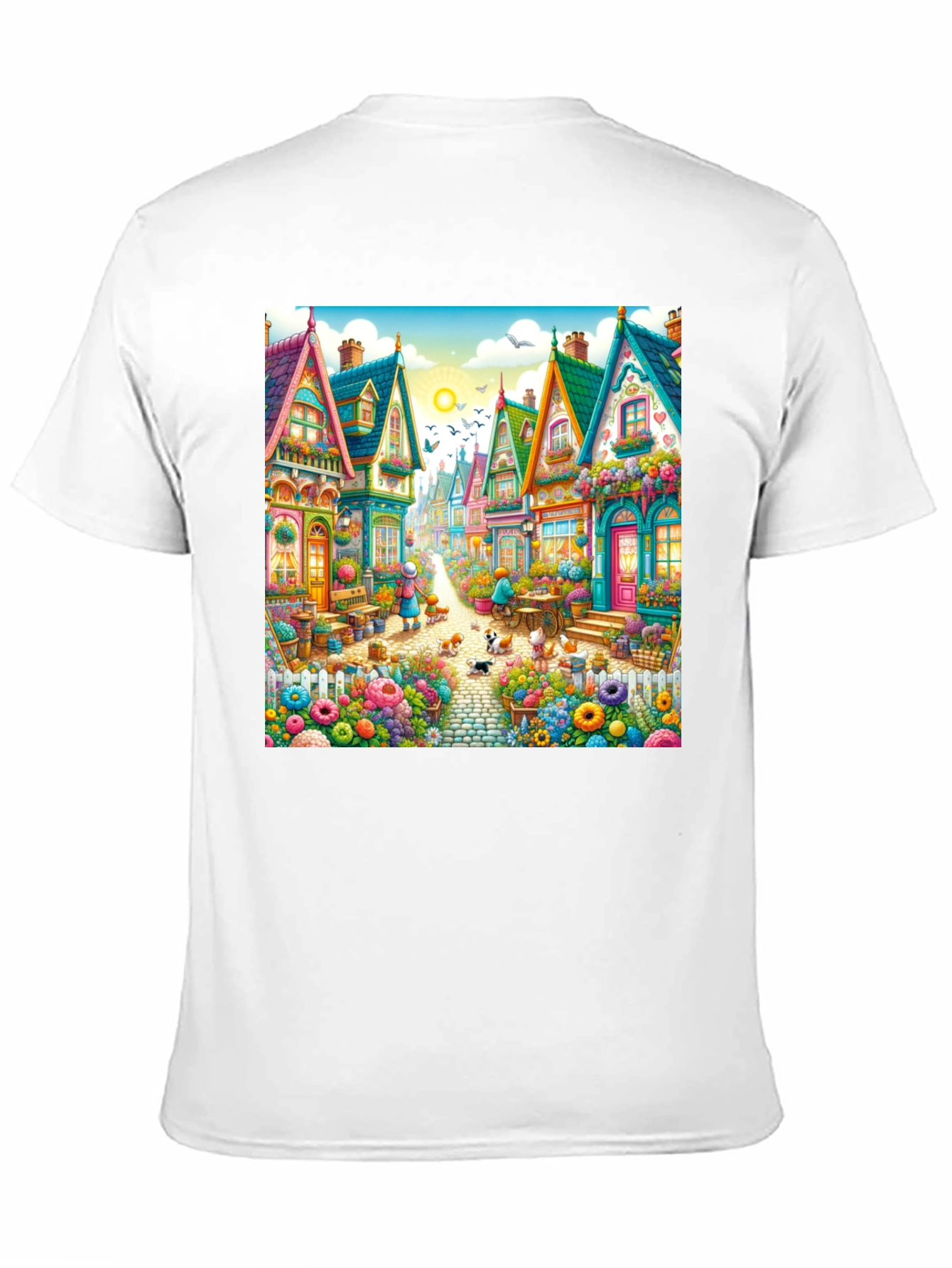 Black Whimsical Village T-Shirt - Colorful Town Design view 11