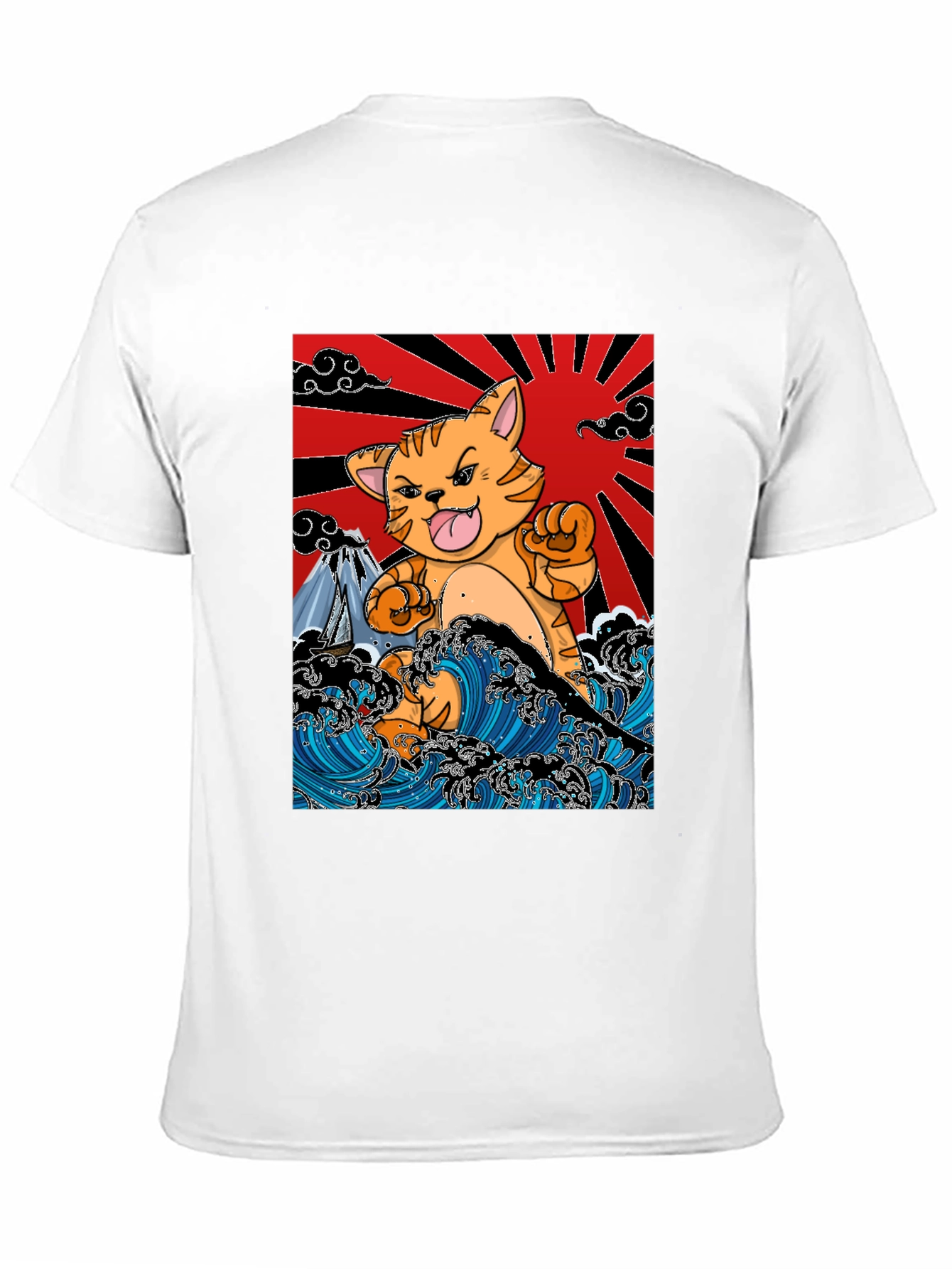 Black Japanese Cat Wave T-Shirt - Fun Graphic Tee view 11