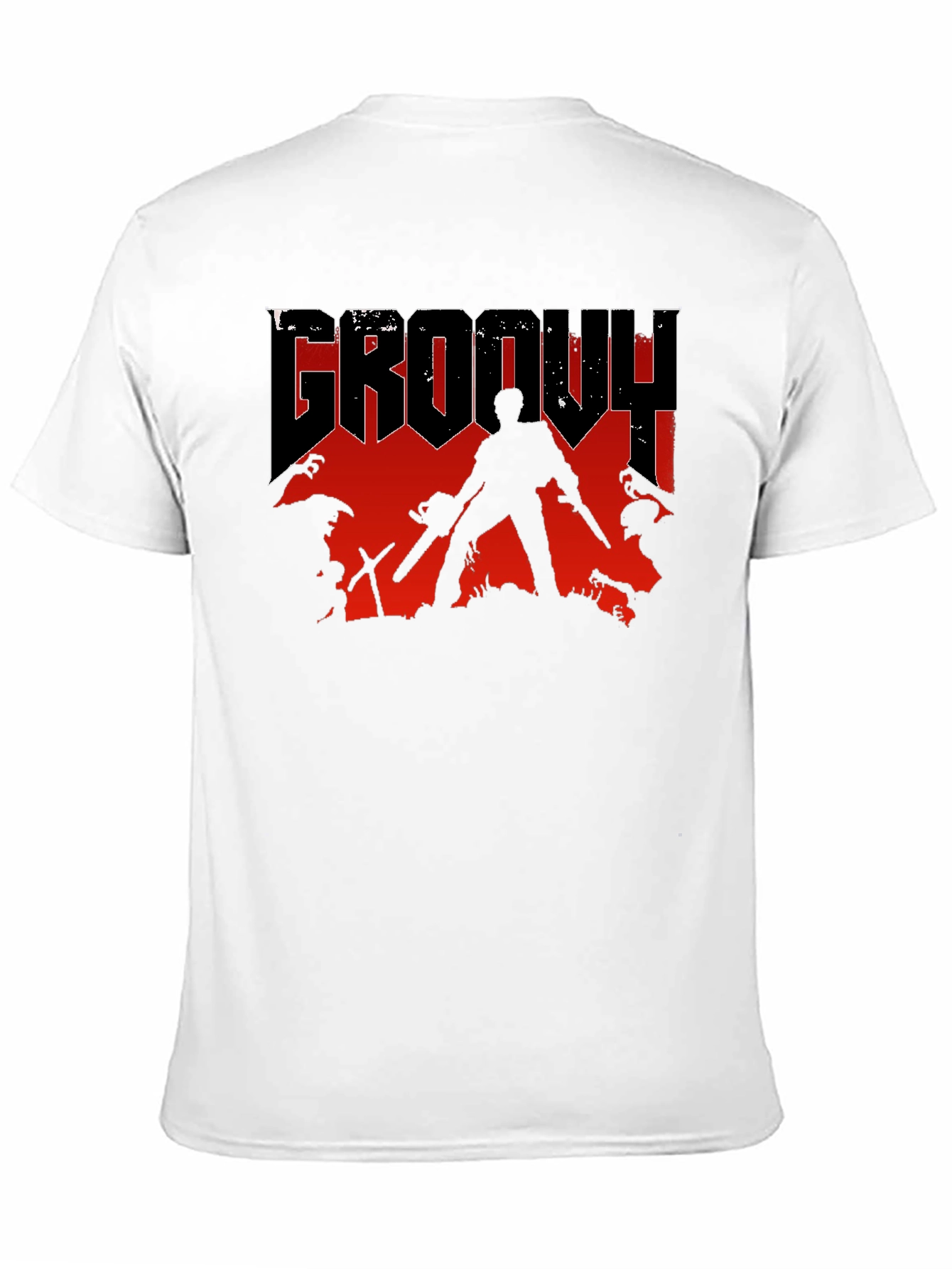 Black Groovy Horror T-Shirt - Chainsaw & Boomstick Design view 11