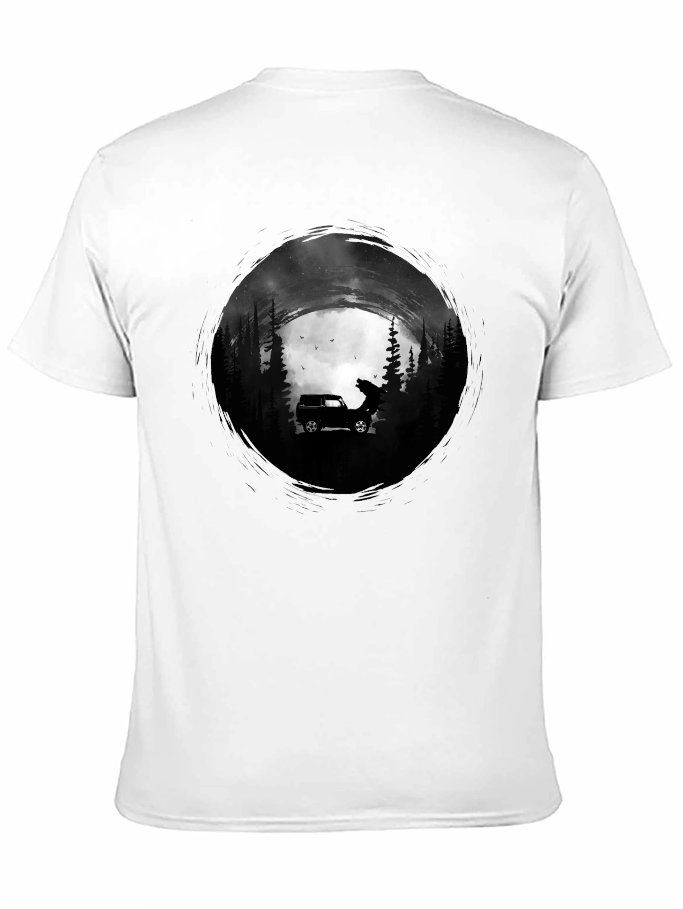 Black Men's Black T-Shirt with Car and Wolf Design view 11