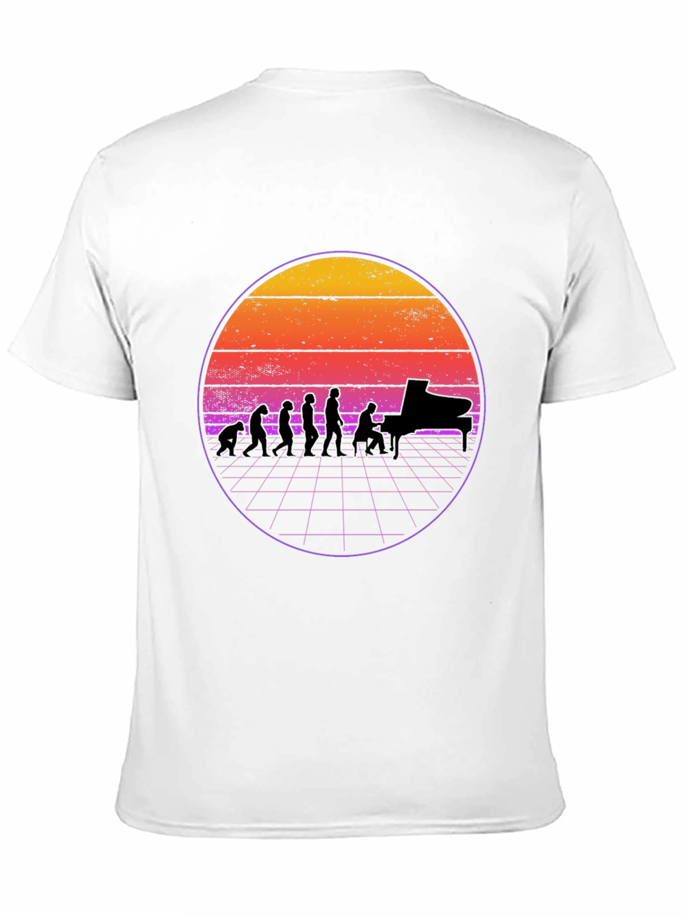 Black Piano Evolution T-Shirt - Retro Sunset Design view 11