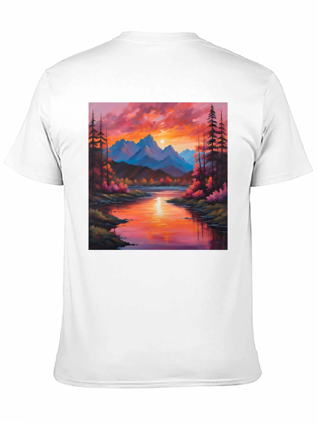 Black Sunset Mountain River Painting Graphic Tee view 11