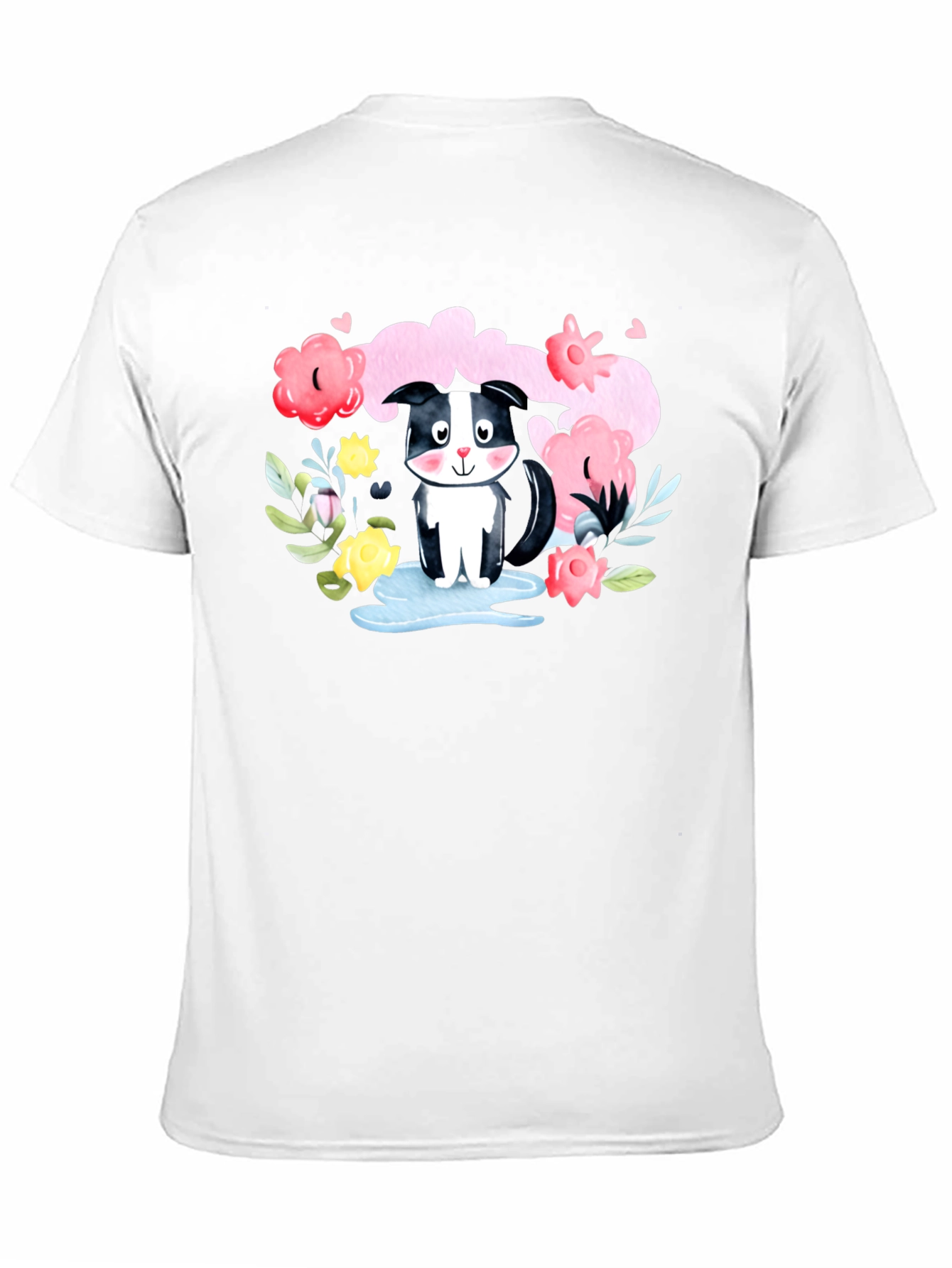 Black Cute Skunk in Watercolor Floral T-Shirt view 11