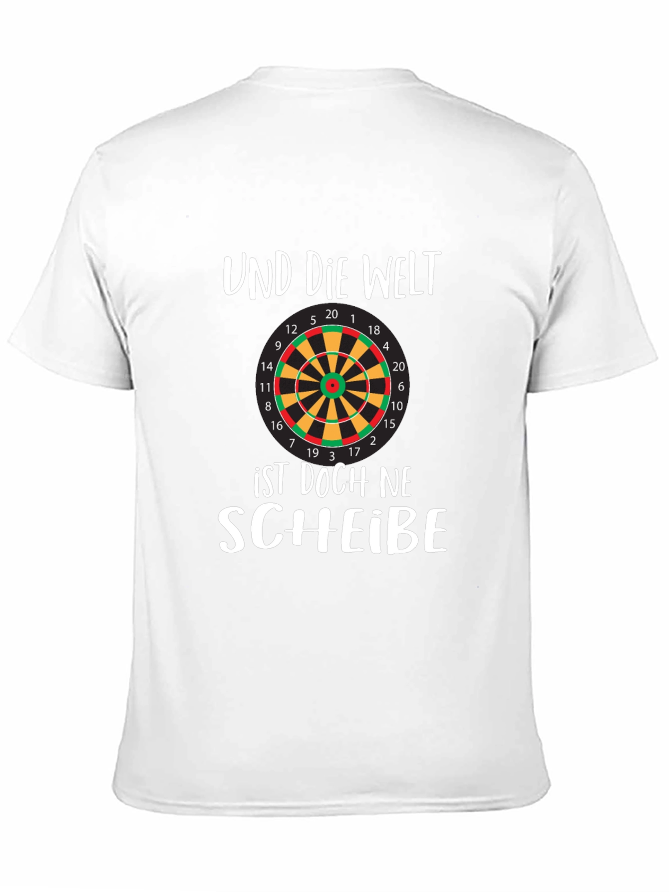 Black Humorous Dartboard T-Shirt - 'Und Die Welt' Design view 11