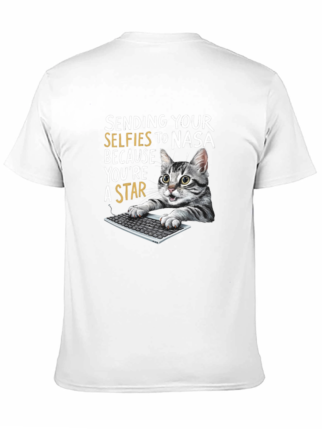 Black Funny Cat T-Shirt - Sending Selfies to NASA view 11