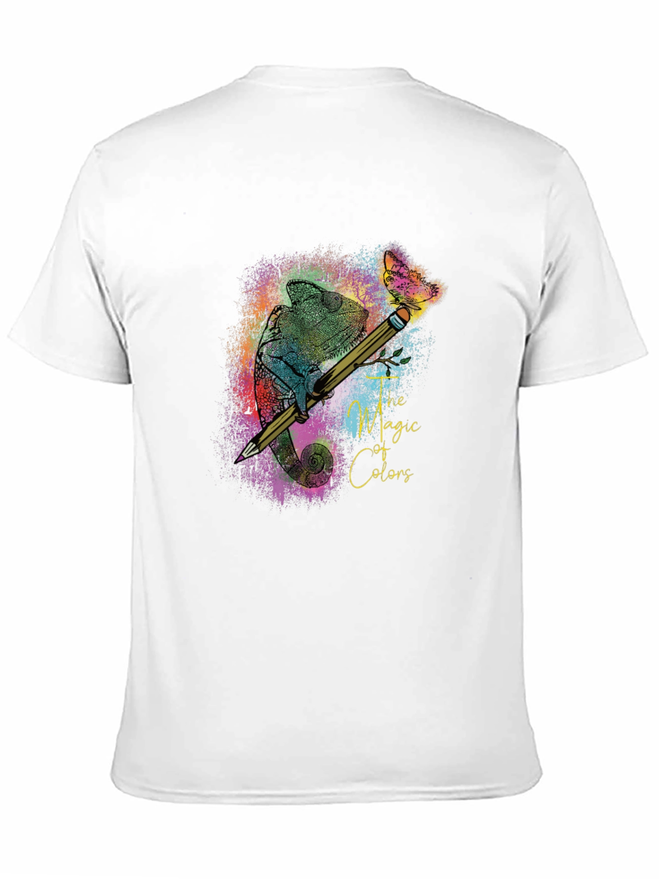 Black The Magic of Colors T-Shirt: Chameleon & Pencil Design view 11