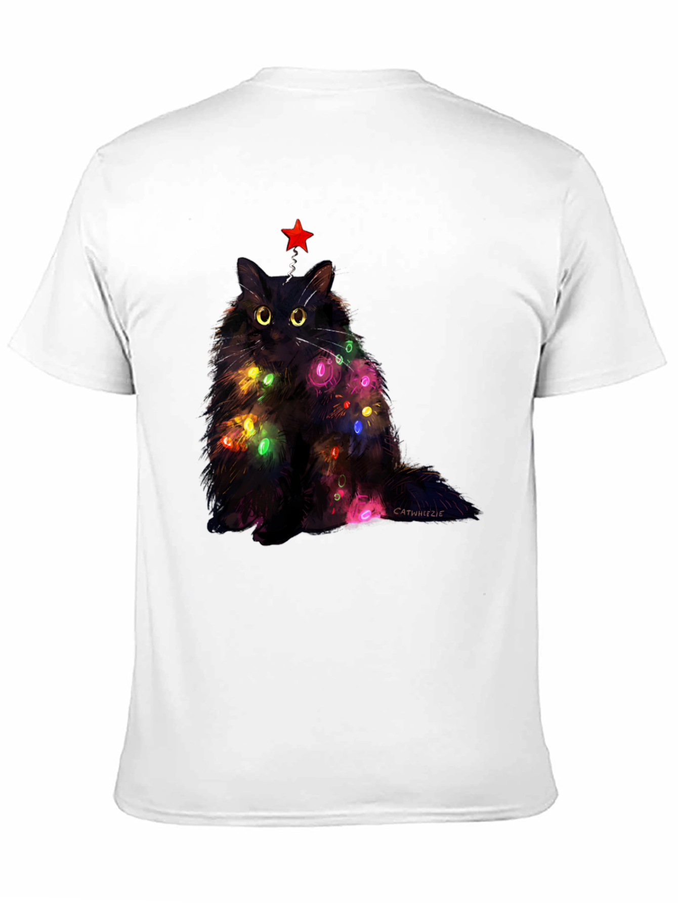 Black Festive Feline T-Shirt: Christmas Cat with Lights view 11