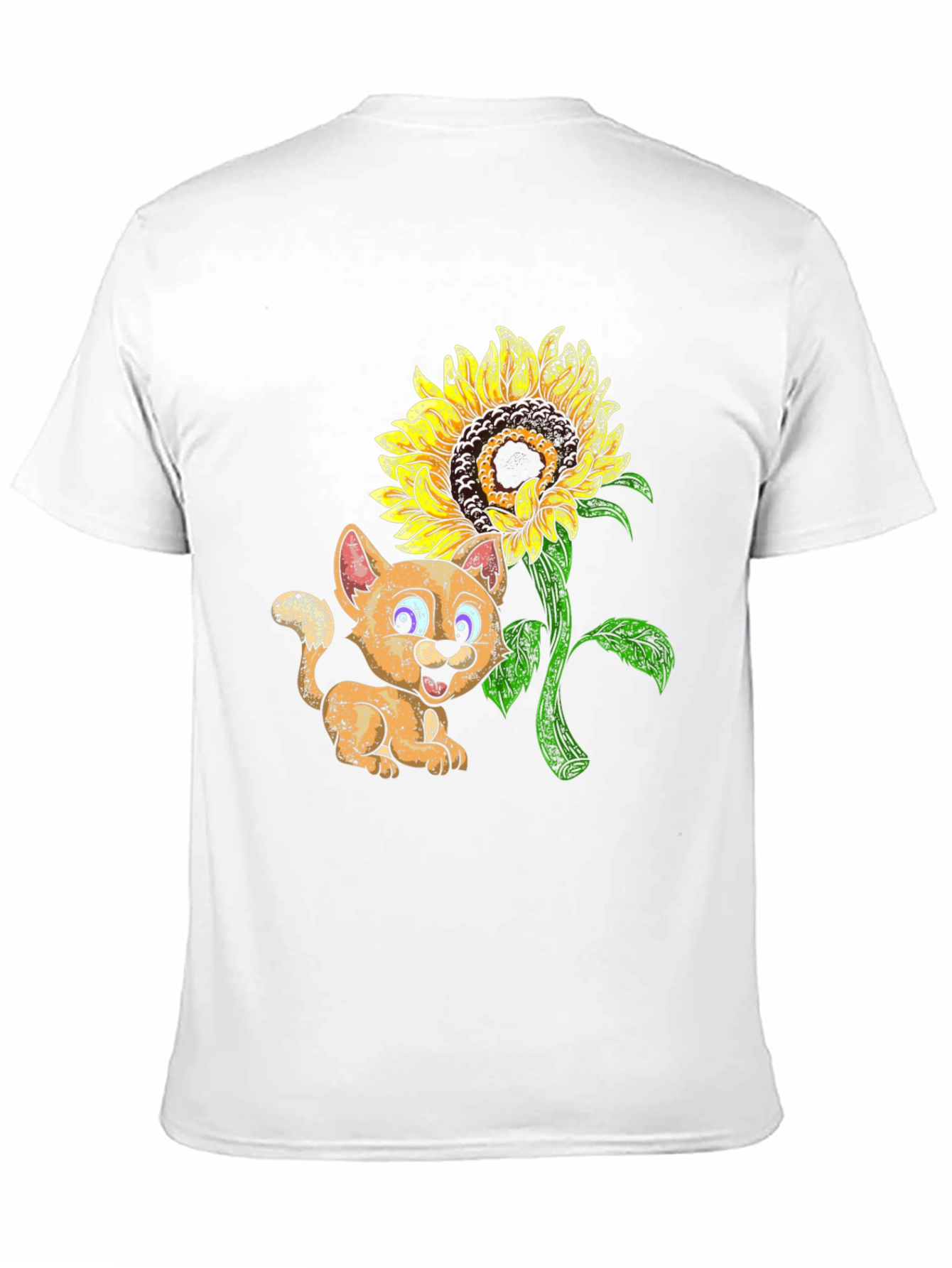 Black Cute Cartoon Cat & Sunflower Black T-Shirt view 11
