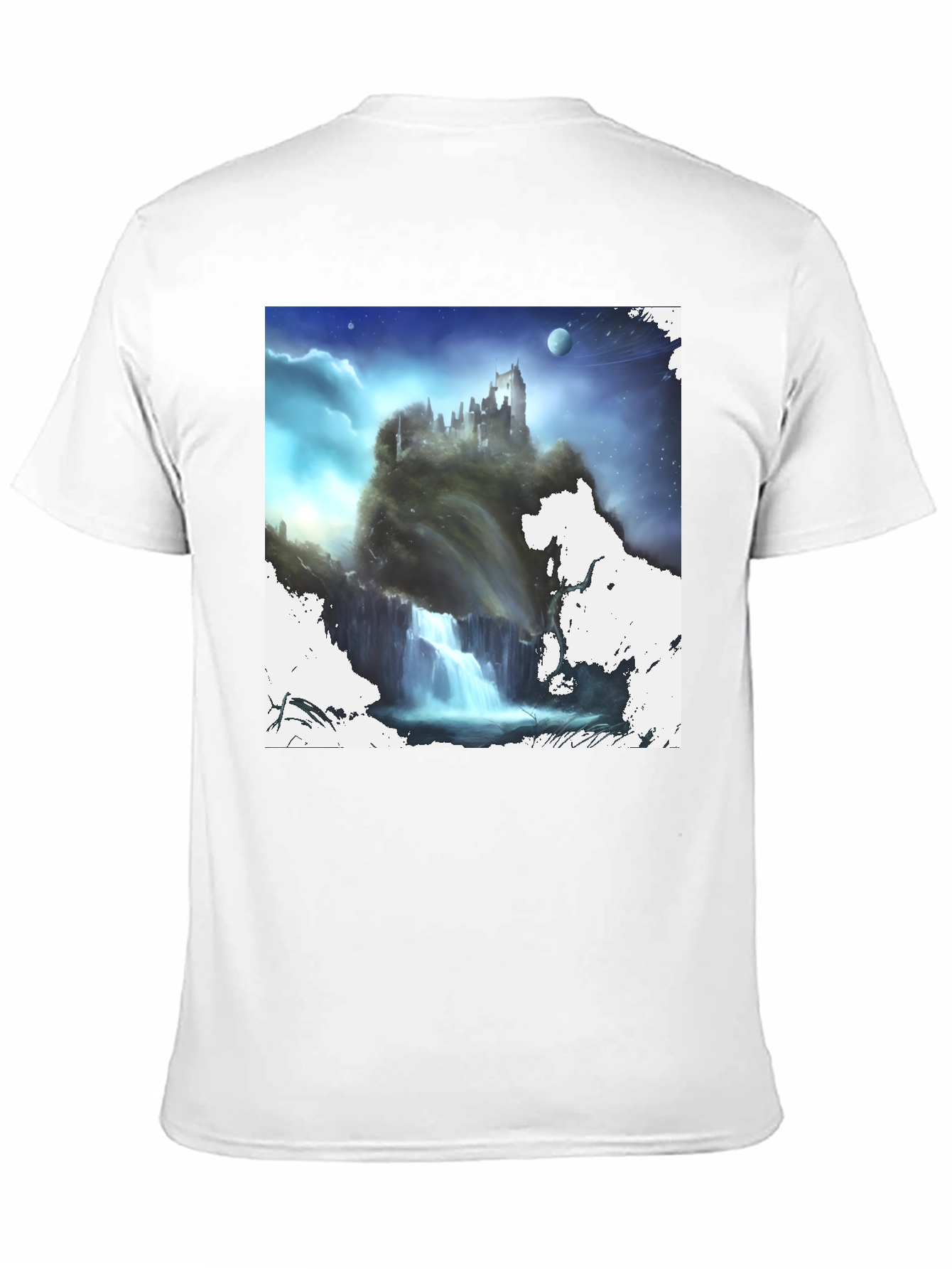 Black Fantasy Castle Waterfall Graphic Black T-Shirt view 11