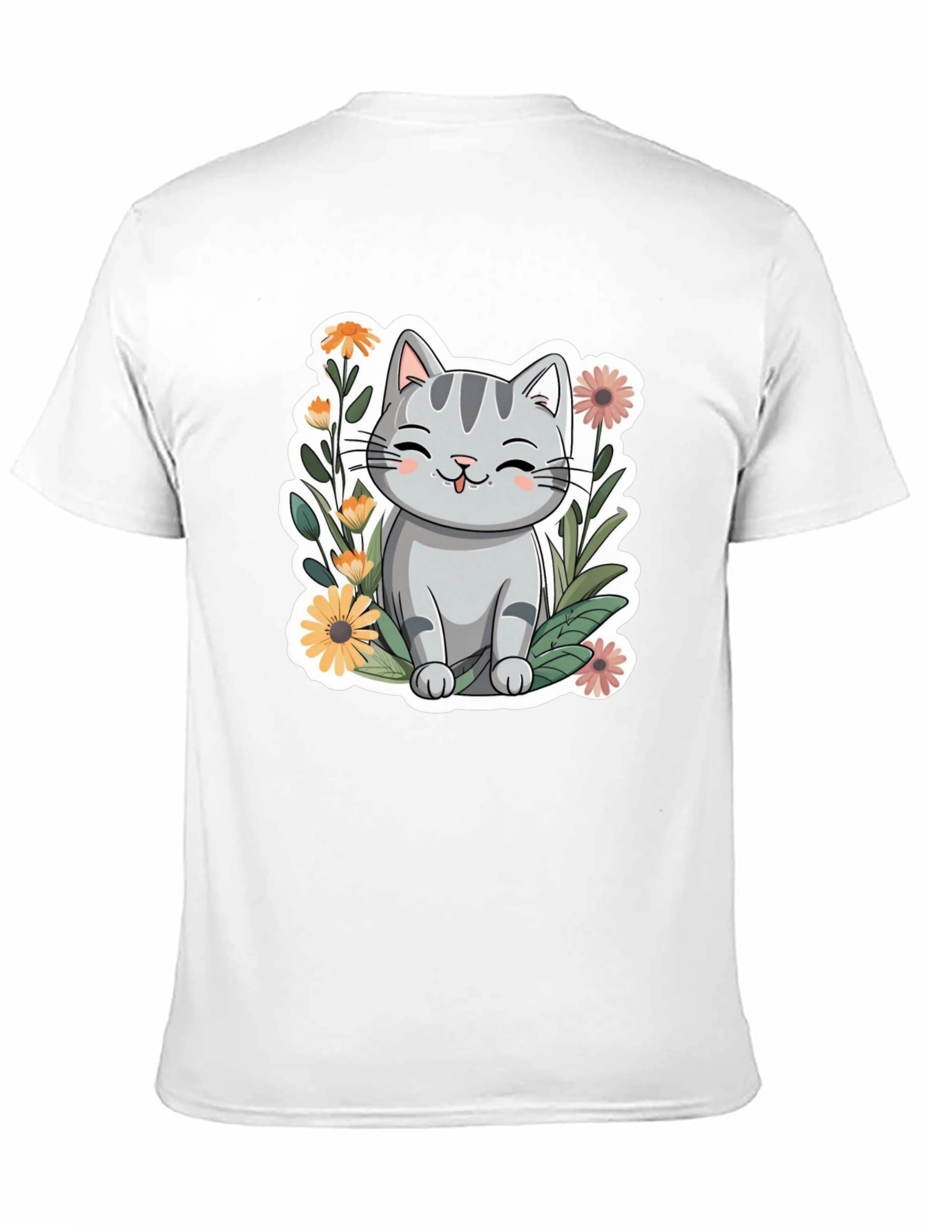 Black Cute Cat in Flowers Black T-Shirt view 11