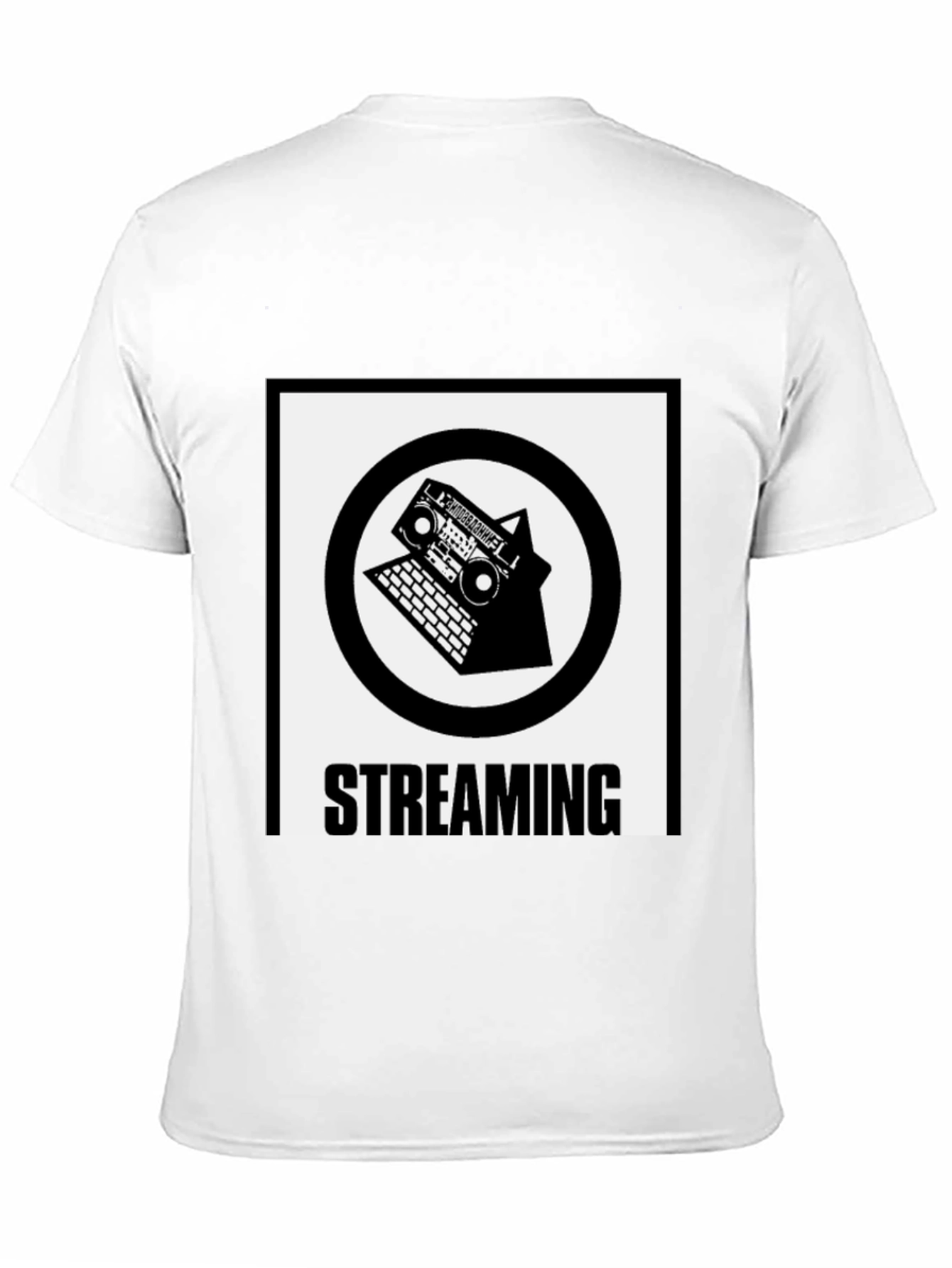 Black Streaming T-Shirt: Boombox & Laptop Design view 11