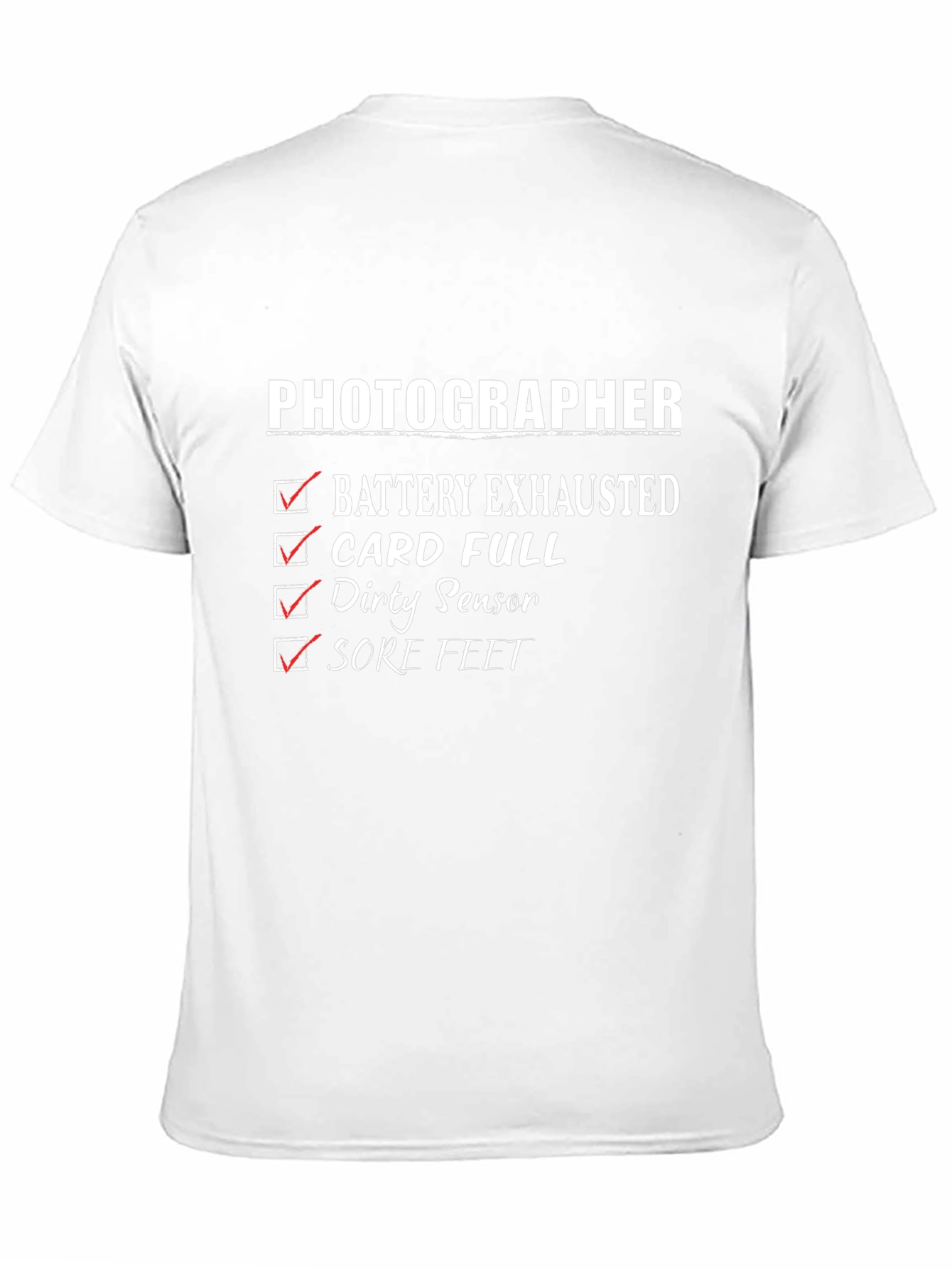 Black Photographer Checklist Graphic T-Shirt - Battery, Card, Sensor, Feet view 11