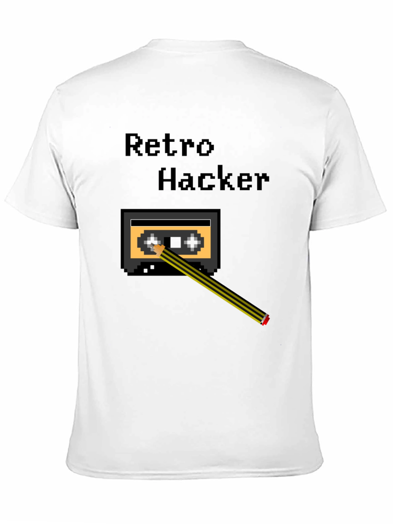 Black Retro Hacker Pixel Art T-Shirt - Cassette and Pencil Design view 11