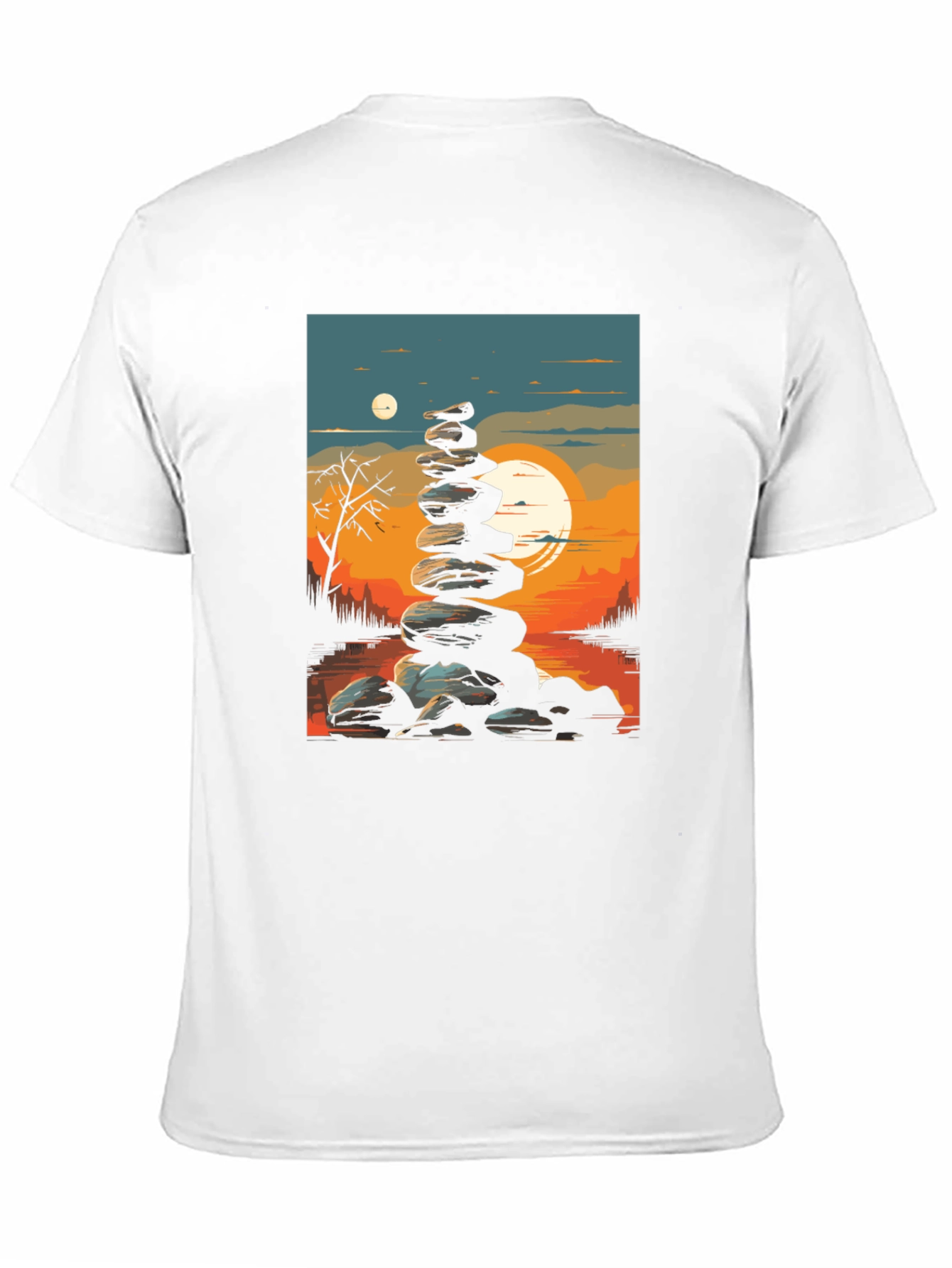 Black Zen Rock Stack T-Shirt - Sunset Landscape view 11