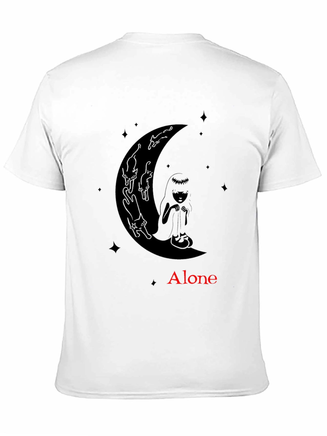 Black Alone Girl & Cats Moon Graphic Tee - Black view 11