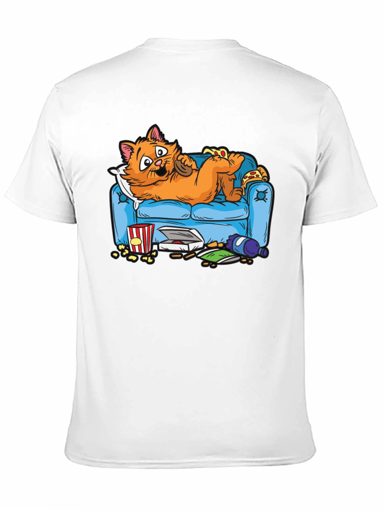 Black Funny Cat on Couch Men's T-Shirt - Pizza & Snacks! view 11