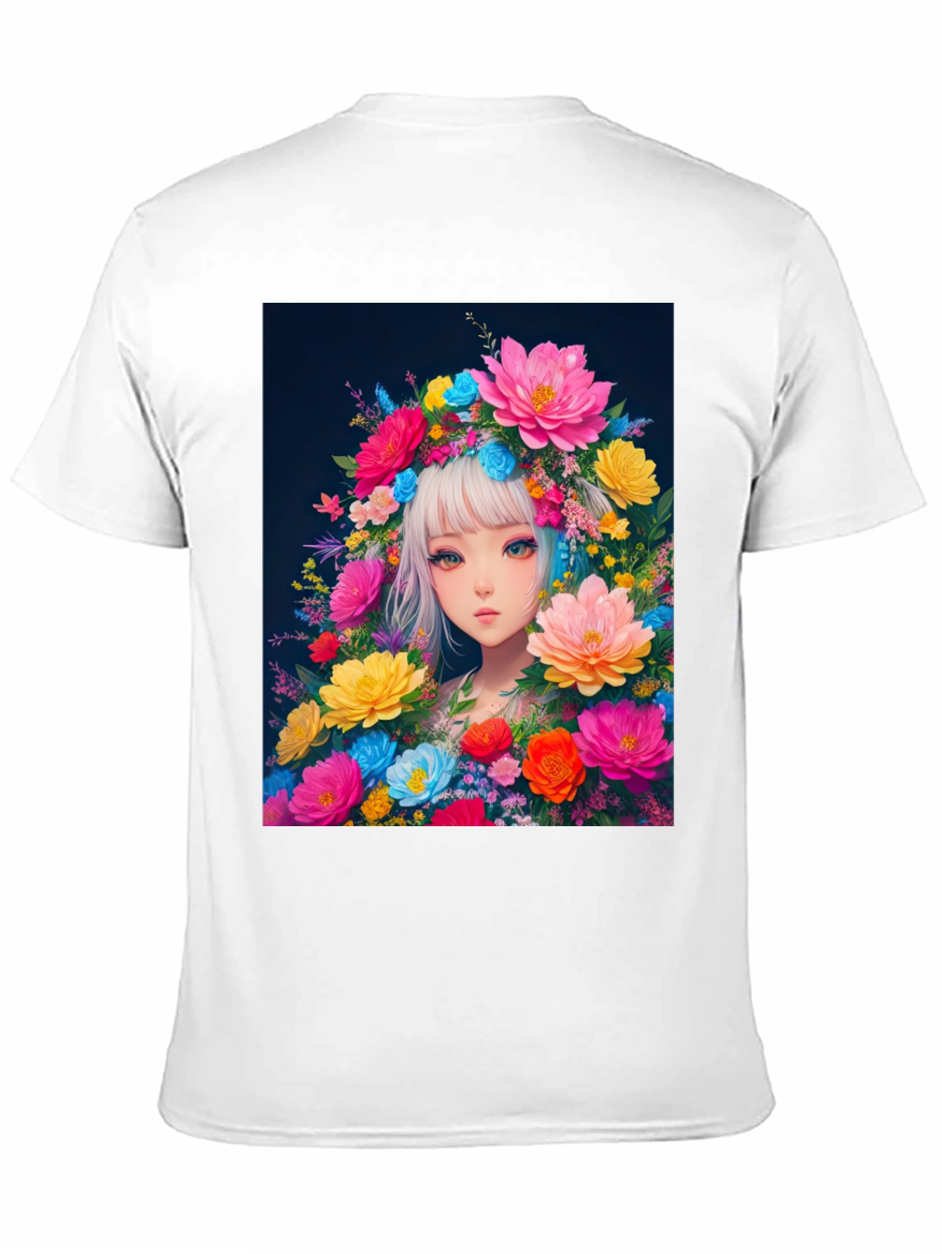 Black Floral Anime Girl Graphic Tee - Black Cotton T-Shirt view 11