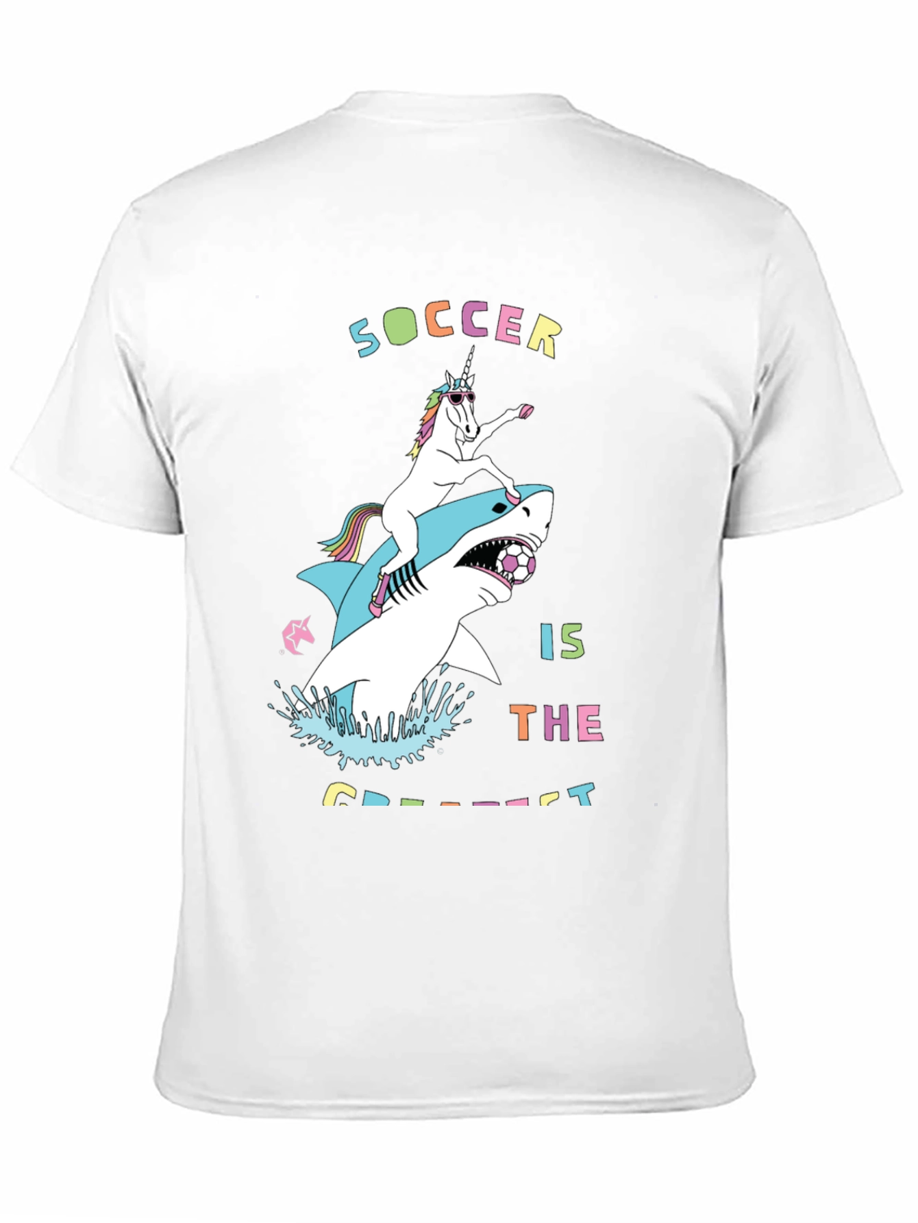 Black Unicorn Riding Shark Soccer T-Shirt view 11