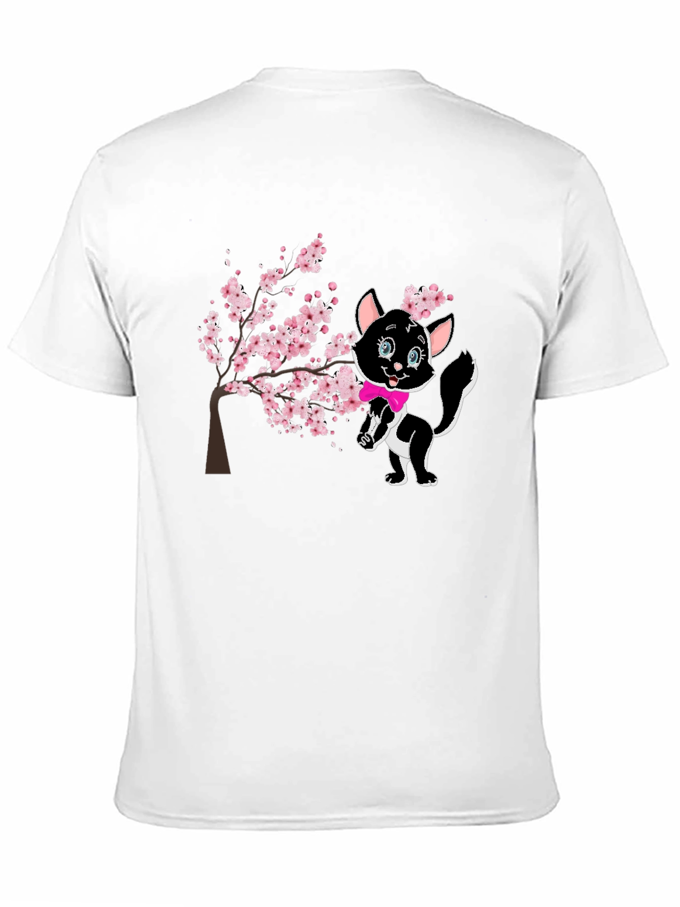 Black Cute Cat & Cherry Blossom Black T-Shirt view 11