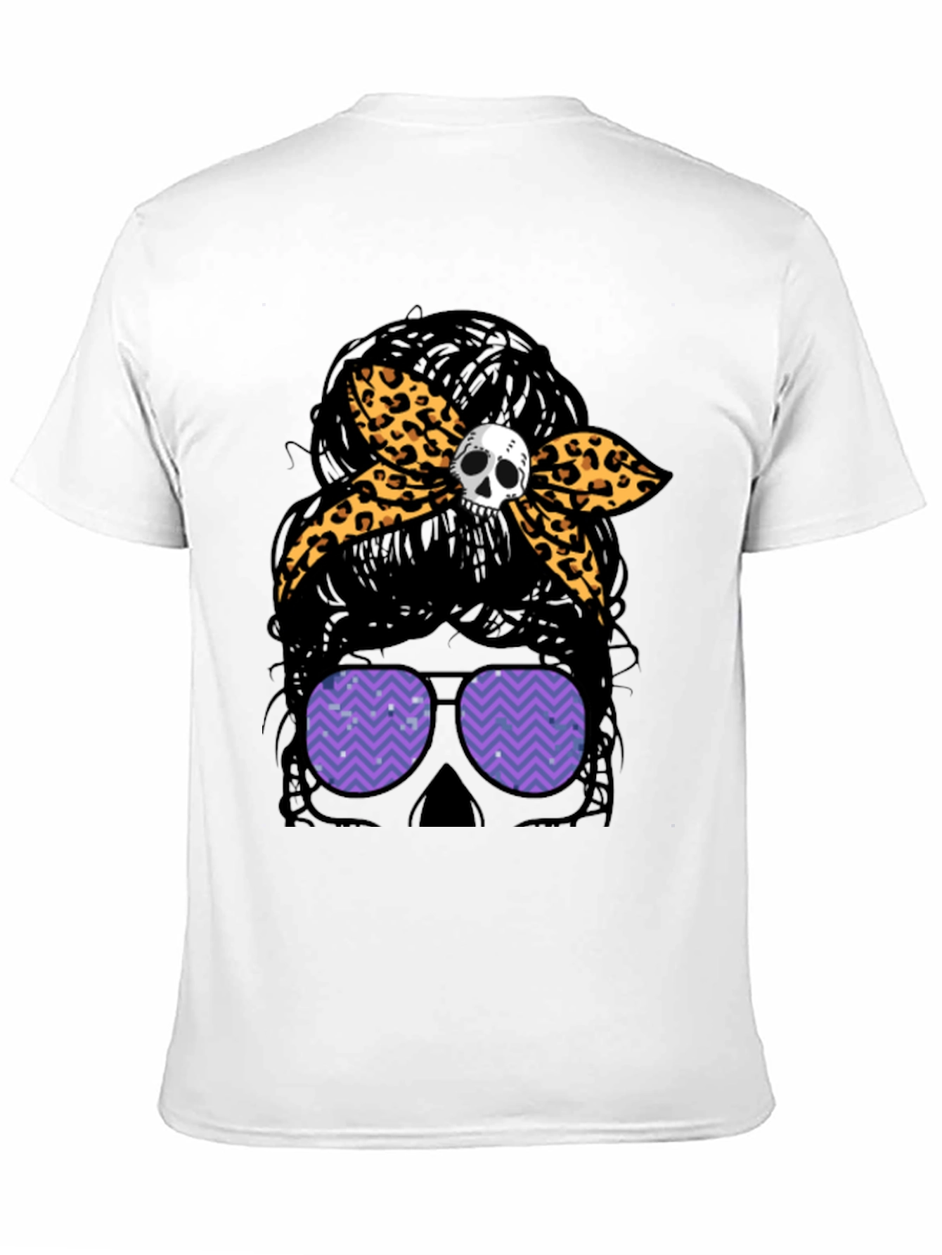 Black Messy Bun Skull Leopard Bow T-Shirt view 11