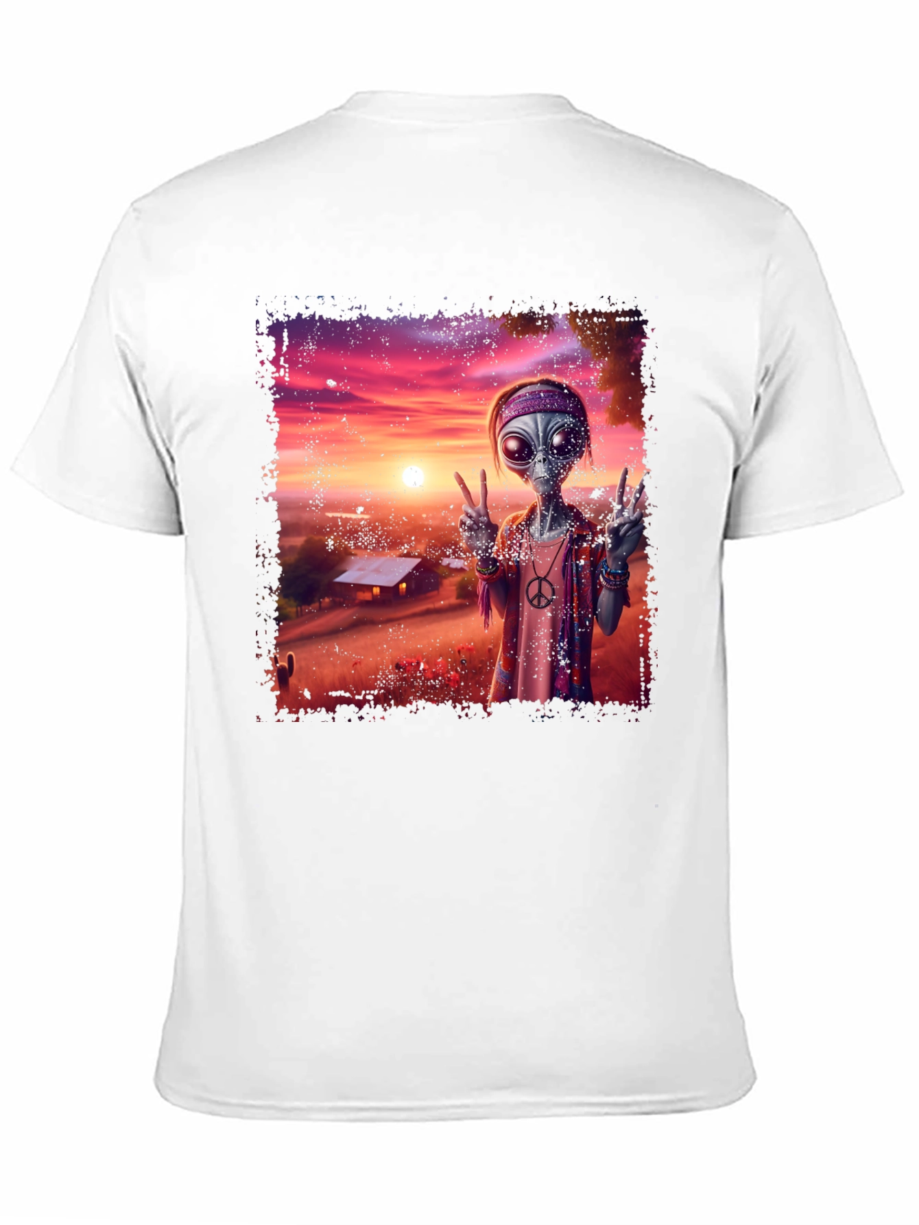Retro Alien Peace T-Shirt - Groovy Sunset Design - 11