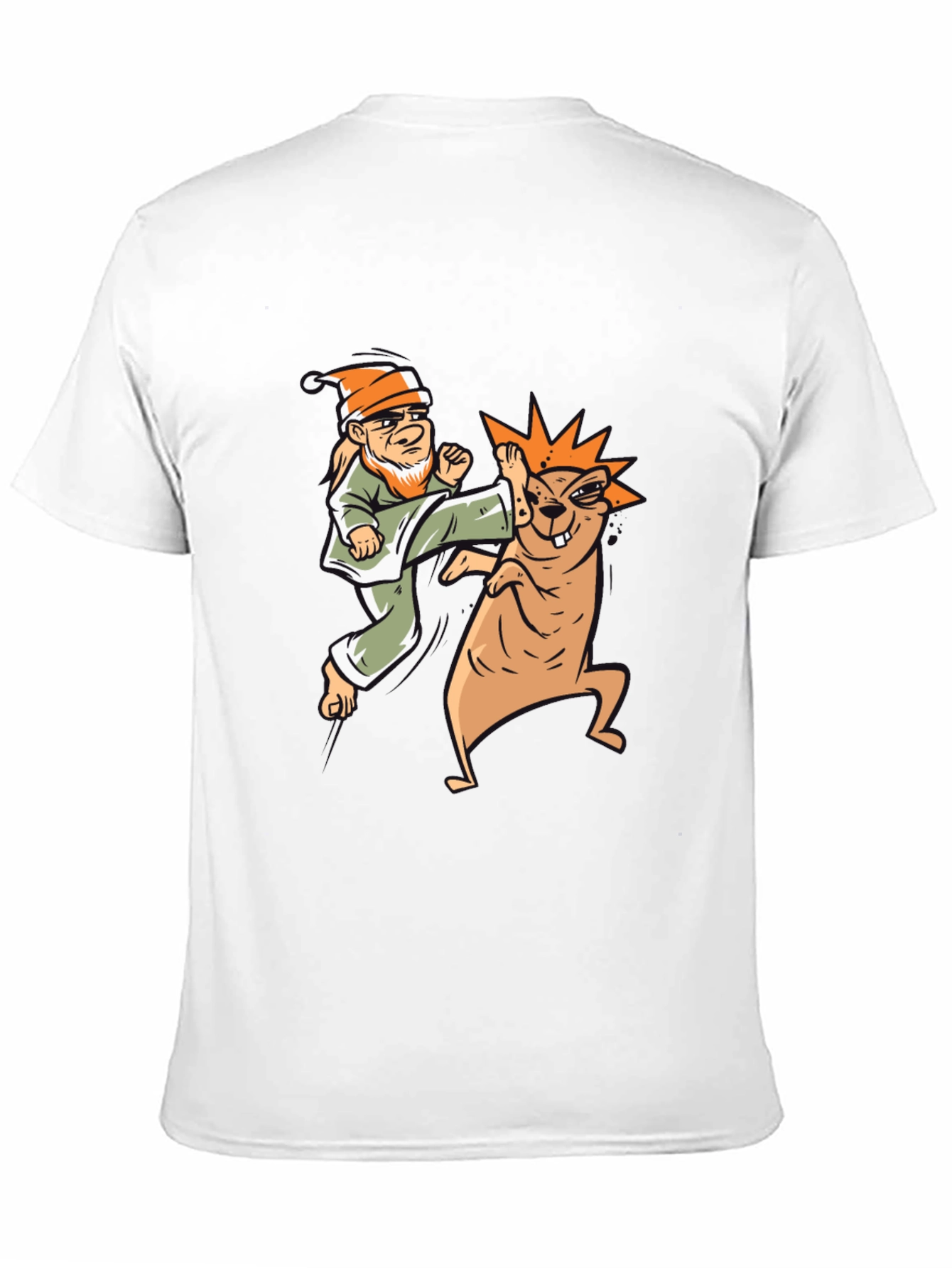 Black Funny Karate Gnome vs. Beaver Graphic T-Shirt view 11