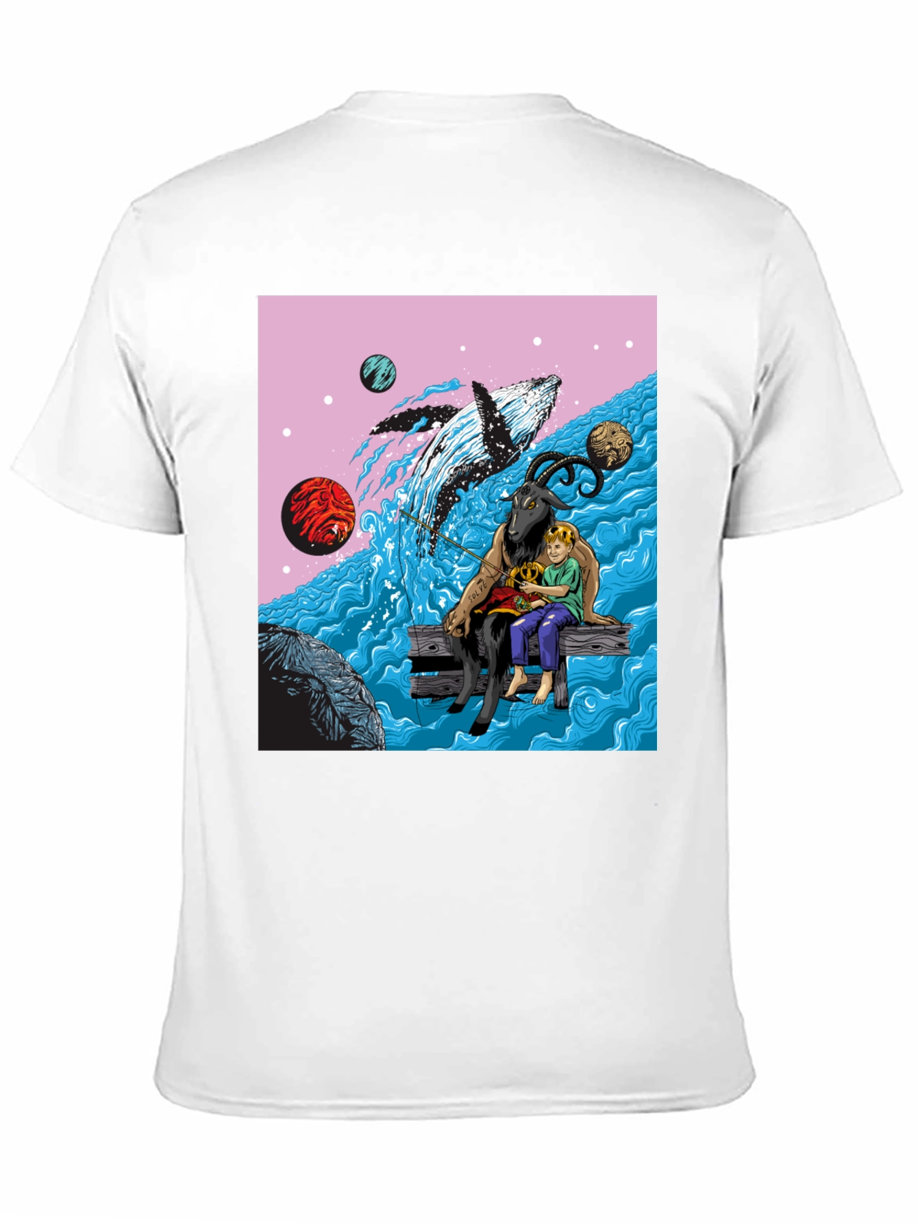 Black Whimsical Goat, Boy, and Whale Graphic Tee view 11