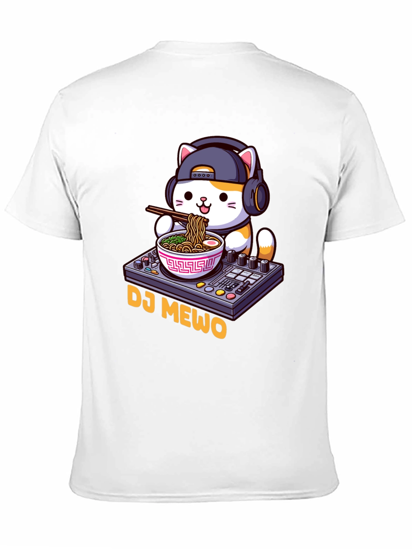 Black DJ MEWO Black T-Shirt - Cat Ramen DJ Design view 11