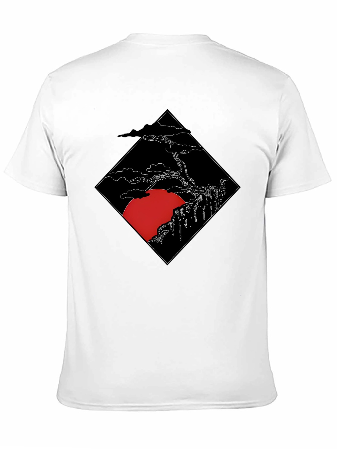 Black Men's Black T-Shirt with Japanese Sunset Design view 11