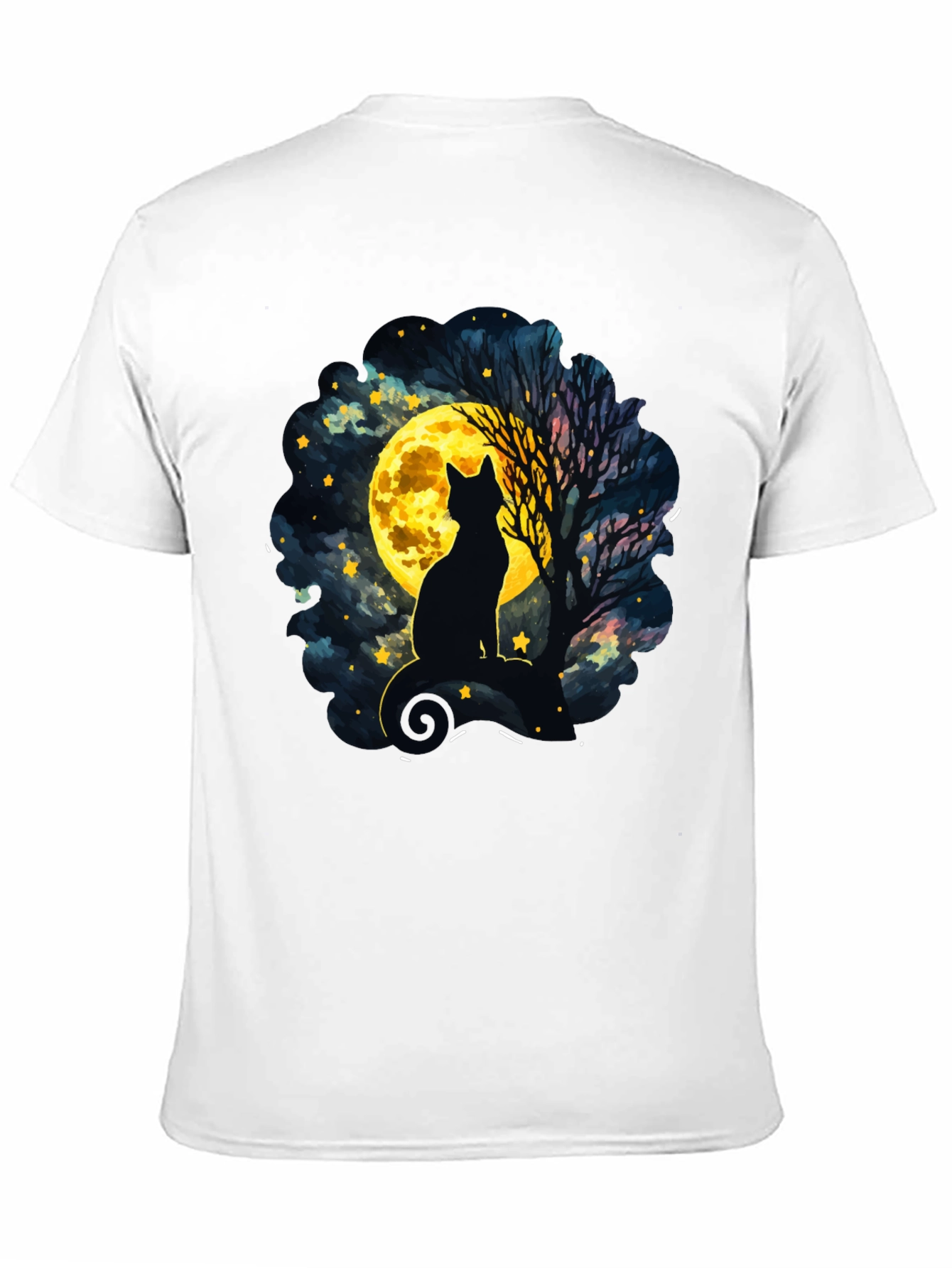 Black Moonlit Cat T-Shirt - Whimsical Night Sky Design view 11