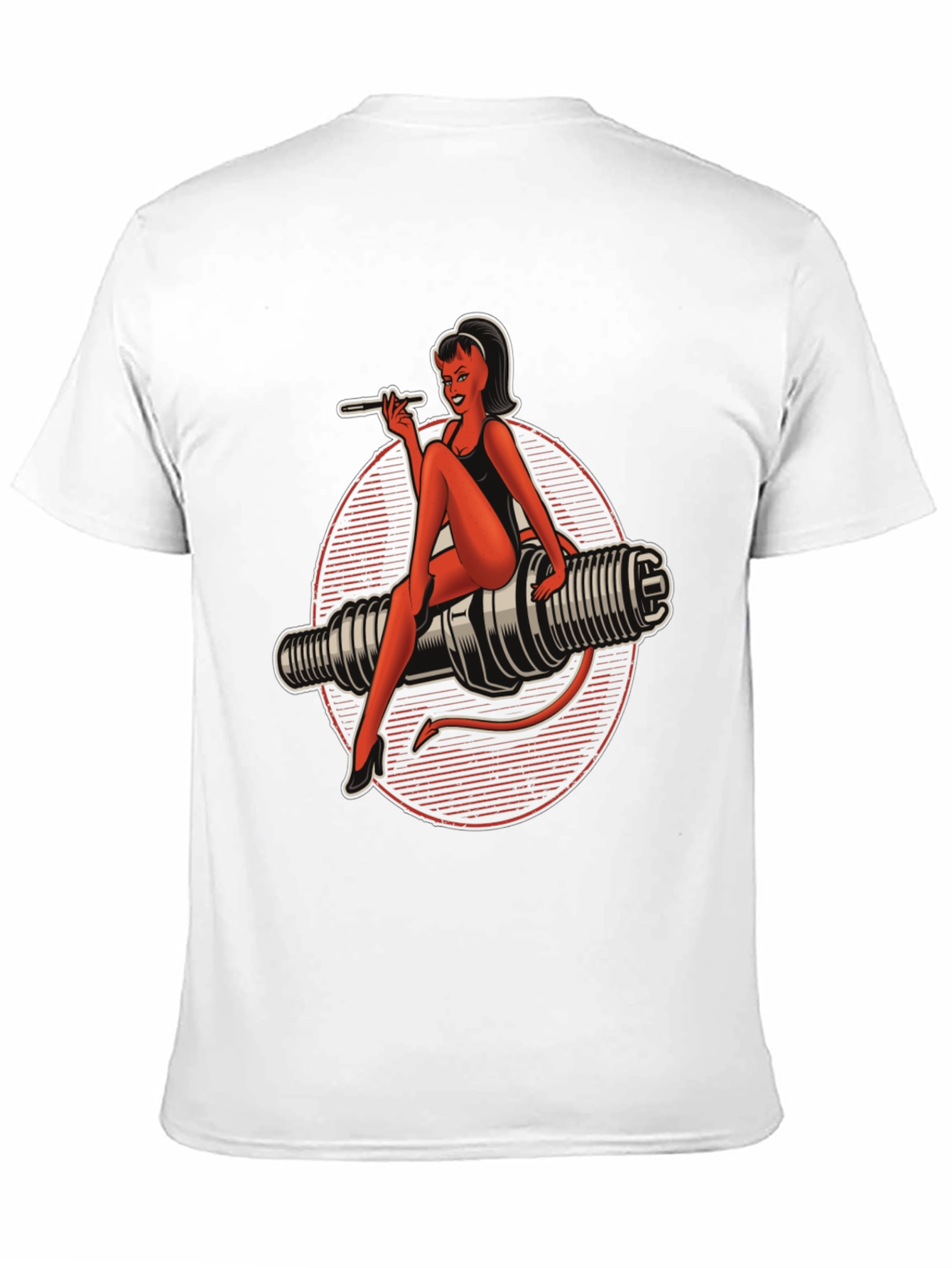Black Devil Pin-Up Girl Spark Plug Graphic T-Shirt view 11
