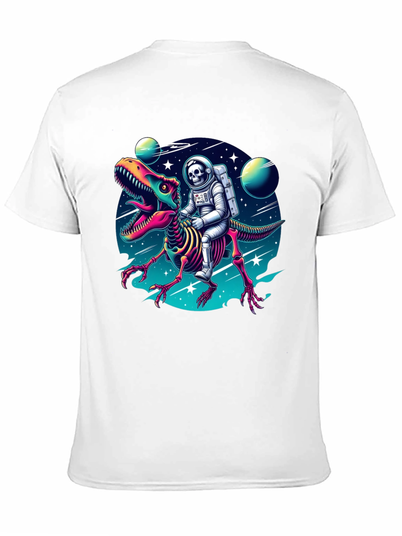 Black Astronaut Skeleton Riding Dinosaur Graphic Tee view 11