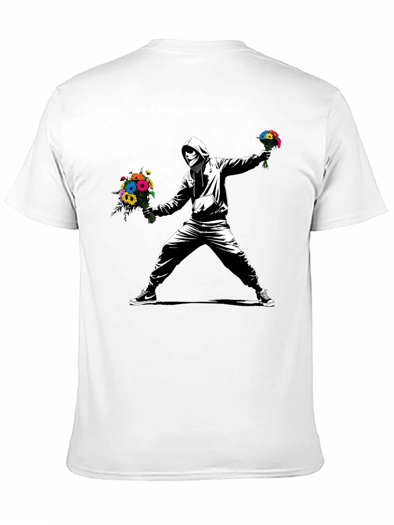 Black Banksy Flower Bomber T-Shirt - Street Art Graphic Tee view 11