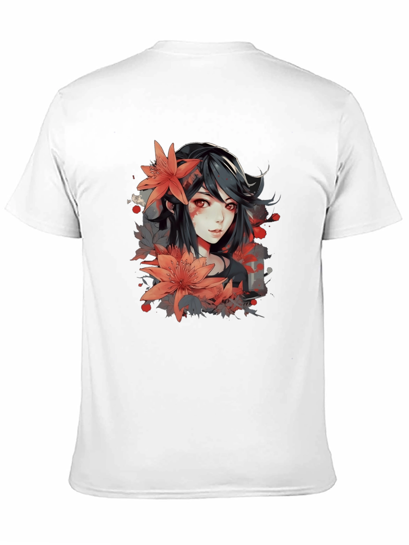 Black Anime Girl Floral Graphic Black T-Shirt view 11