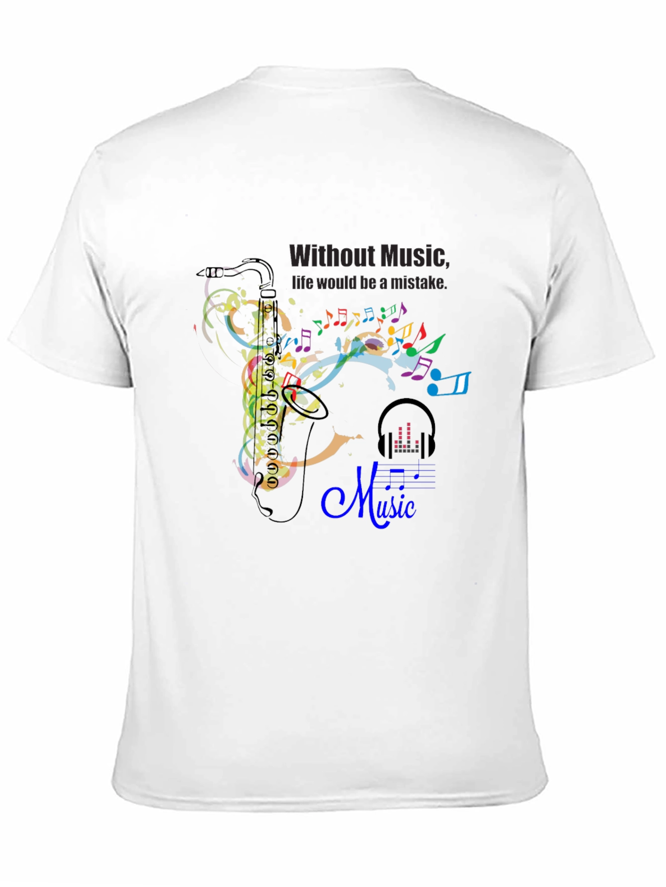 Black Music Lover's Tee: Saxophone & Notes Graphic Black T-Shirt view 11