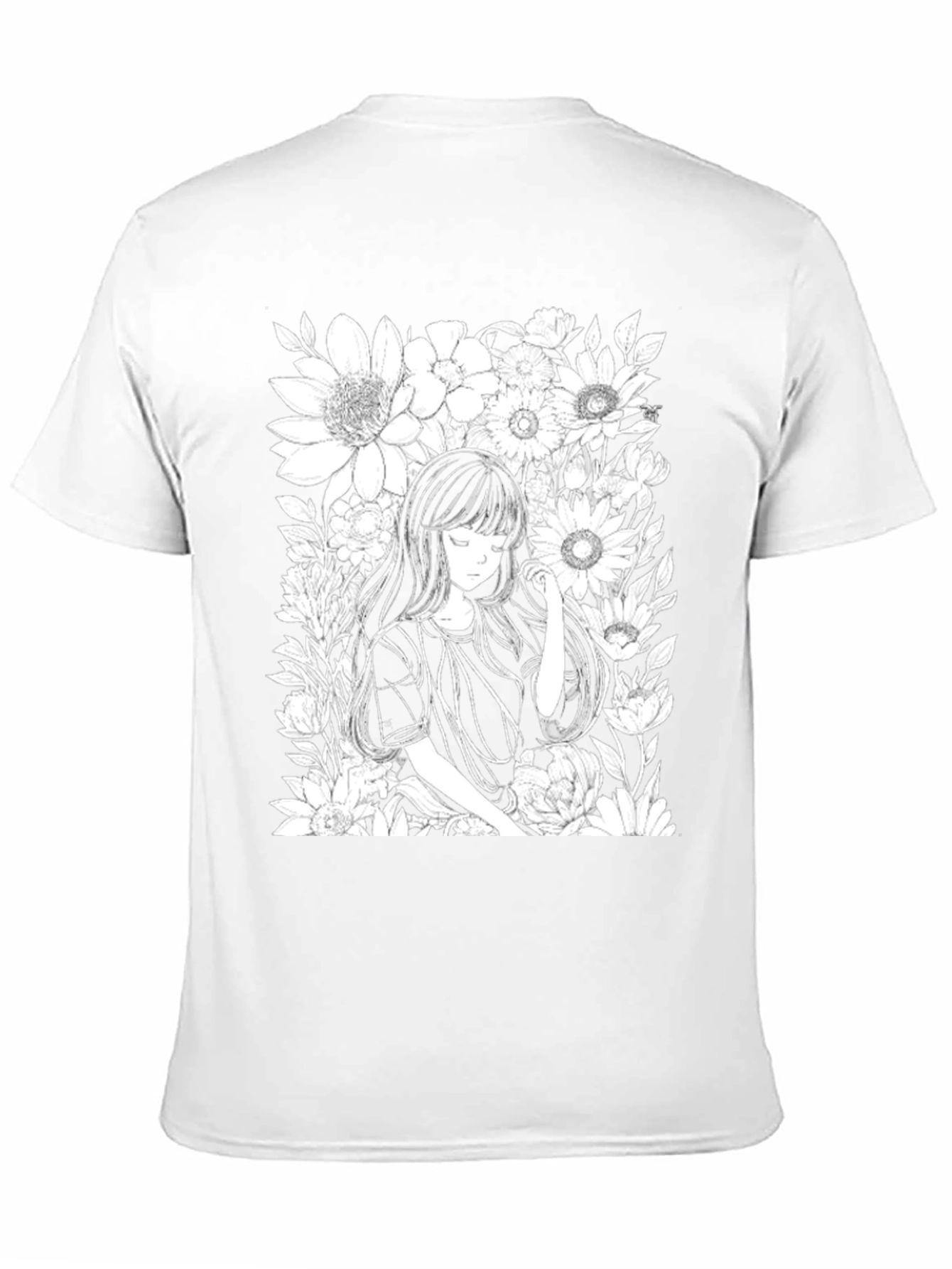 Black Anime Girl Floral T-Shirt - Black Cotton Tee view 11