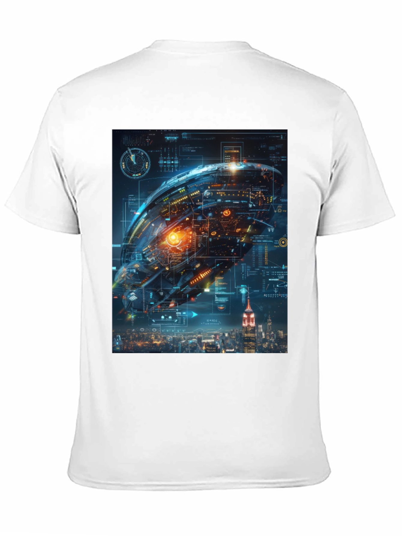 Black Sci-Fi Spaceship Over New York T-Shirt view 11