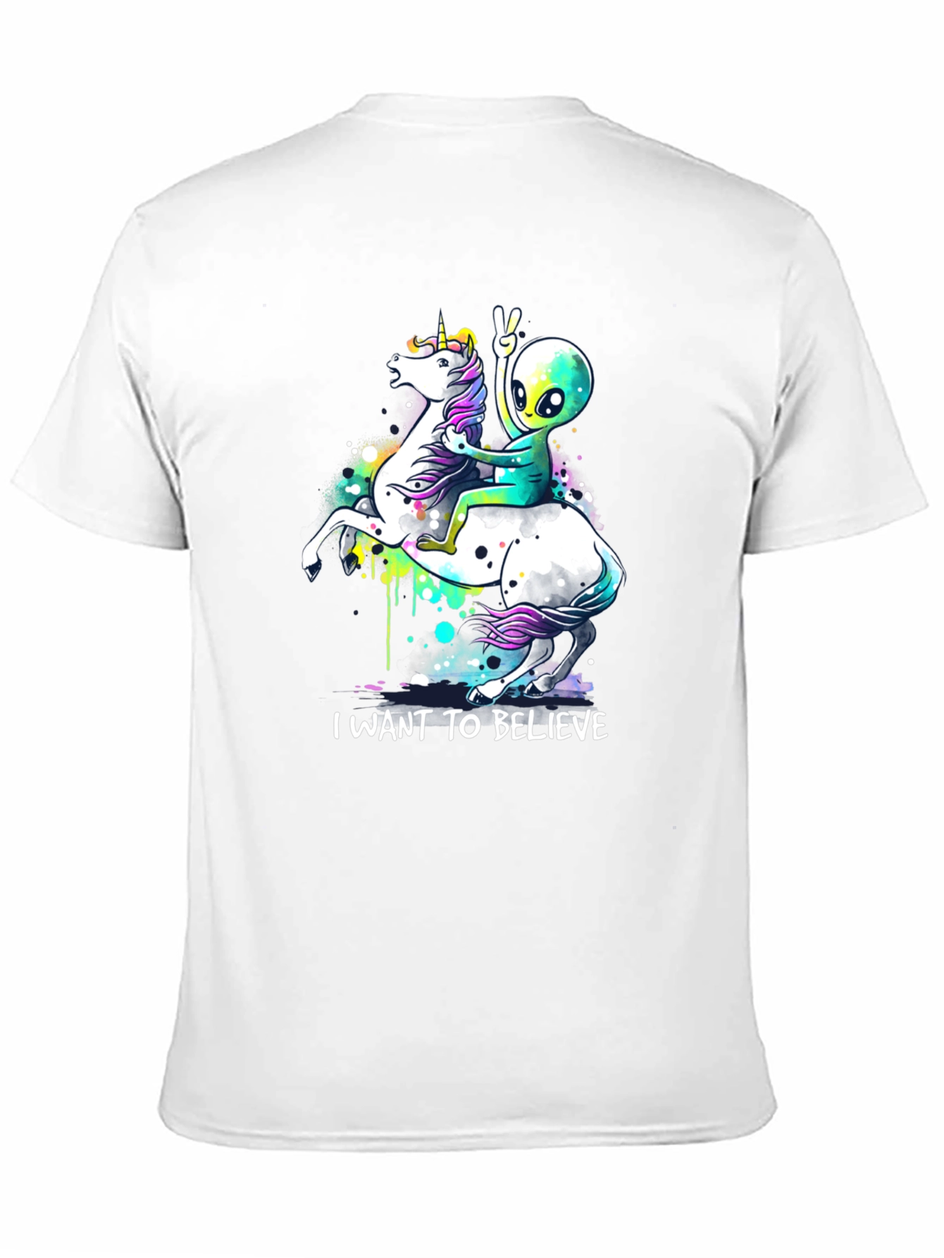Black Alien Riding Unicorn T-Shirt - I Want To Believe view 11