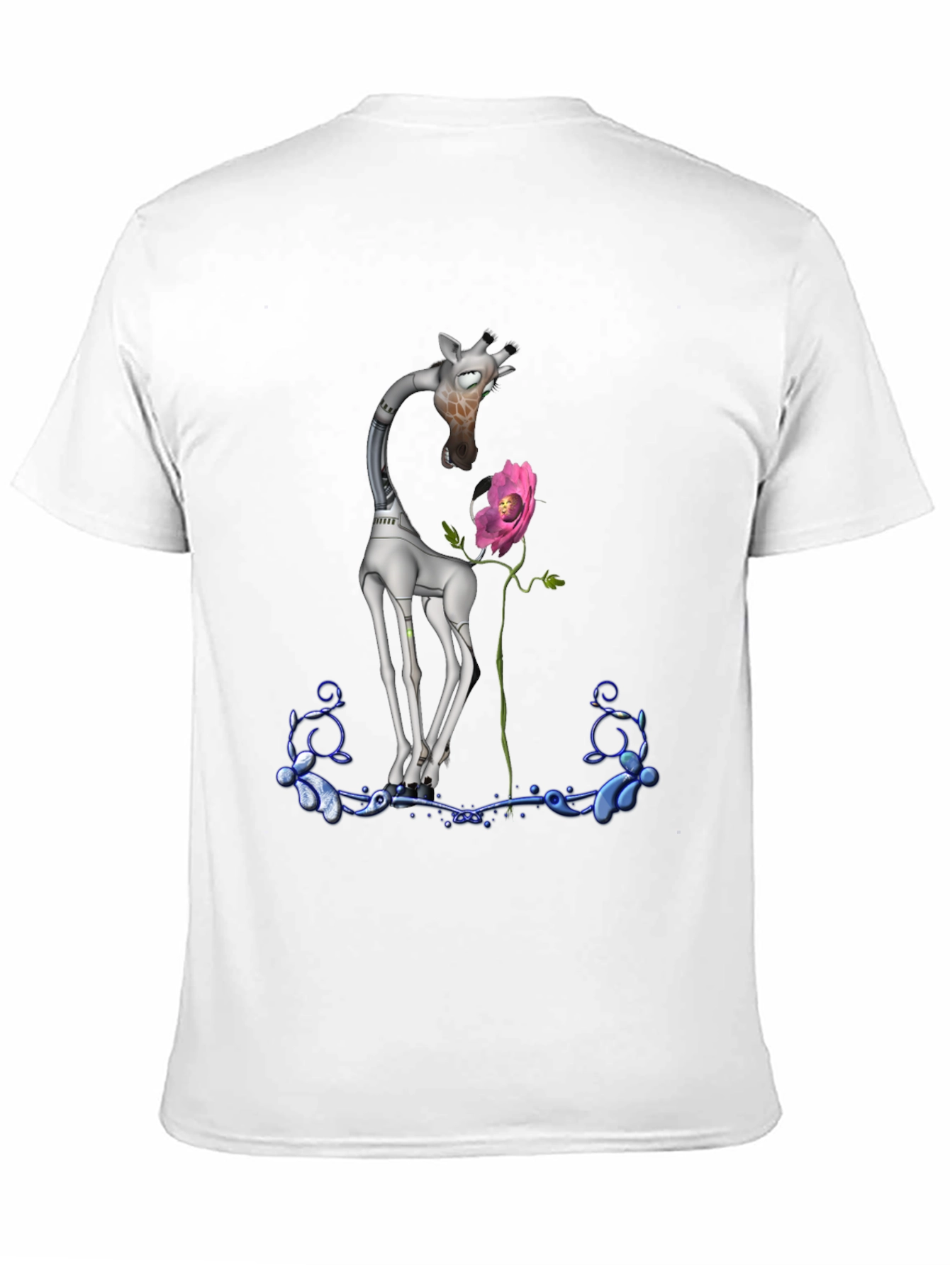 Black Robotic Giraffe & Flower Graphic Tee - Quirky Black T-Shirt view 11