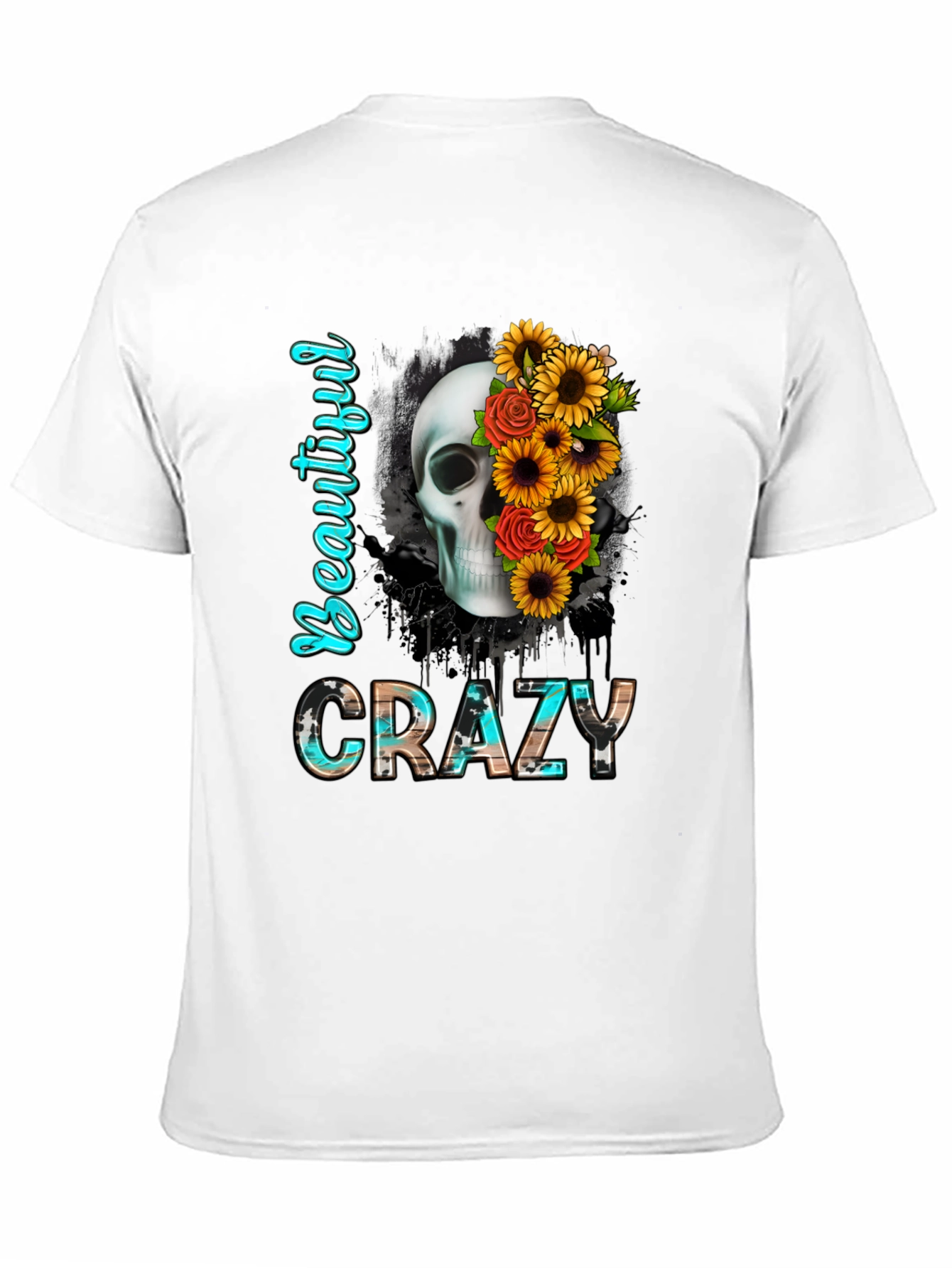 Black Beautiful Crazy Skull & Flowers Graphic Tee view 11