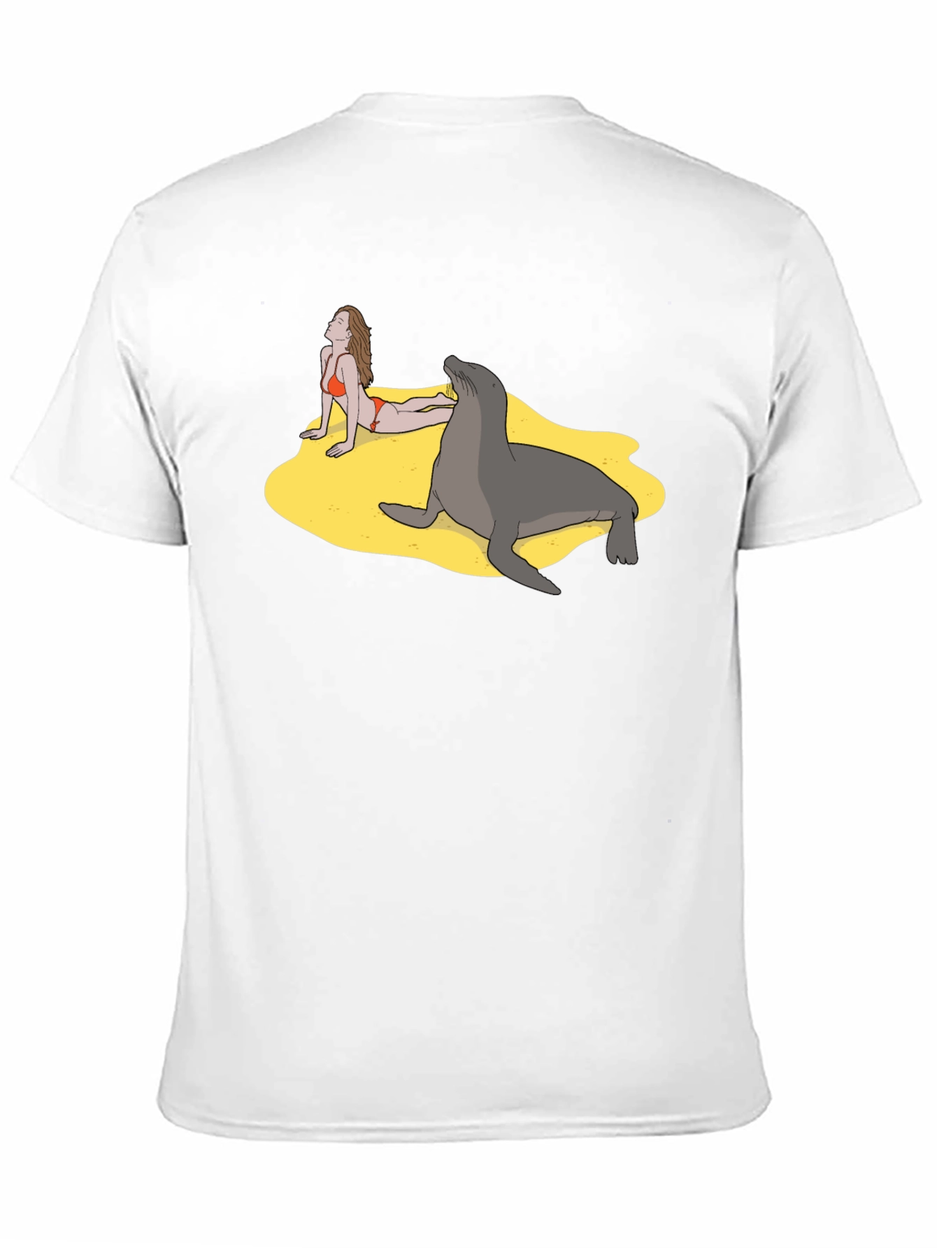 Black Funny Beach T-Shirt with Woman and Seal view 11