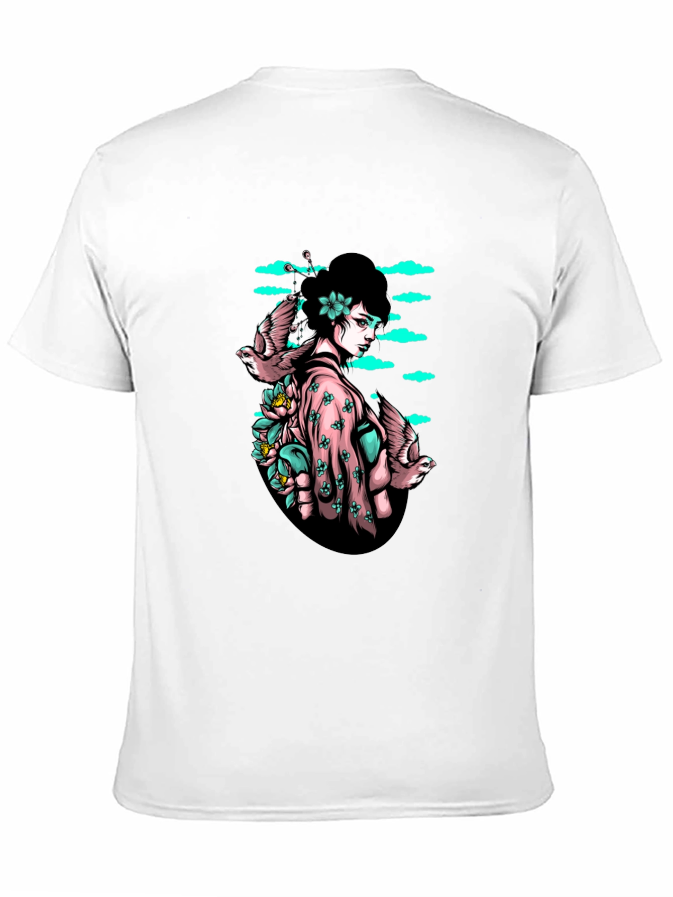 Black Geisha & Birds Graphic Tee - Unique Black T-Shirt view 11