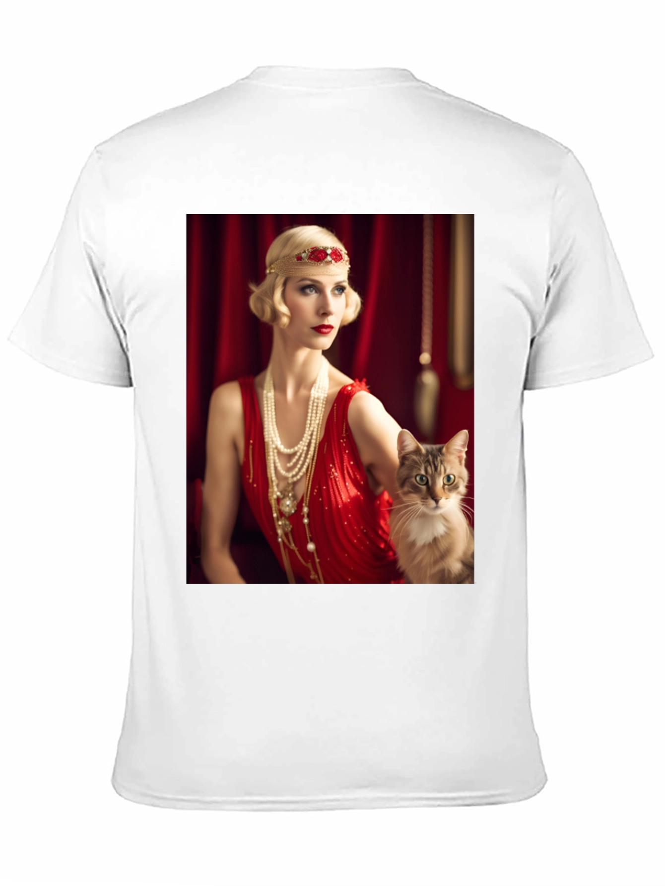 Black Retro Glam T-Shirt: Woman & Cat view 11