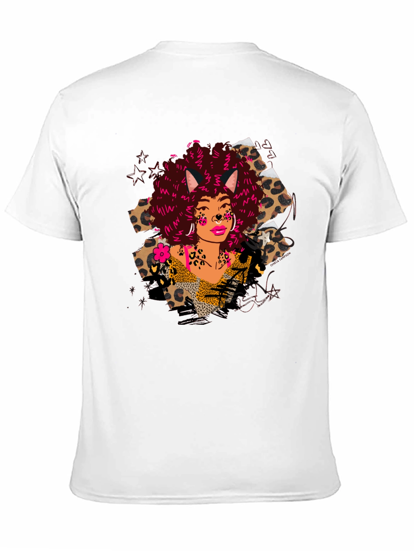 Black Leopard Print T-Shirt with Afro Cat Lady Design view 11