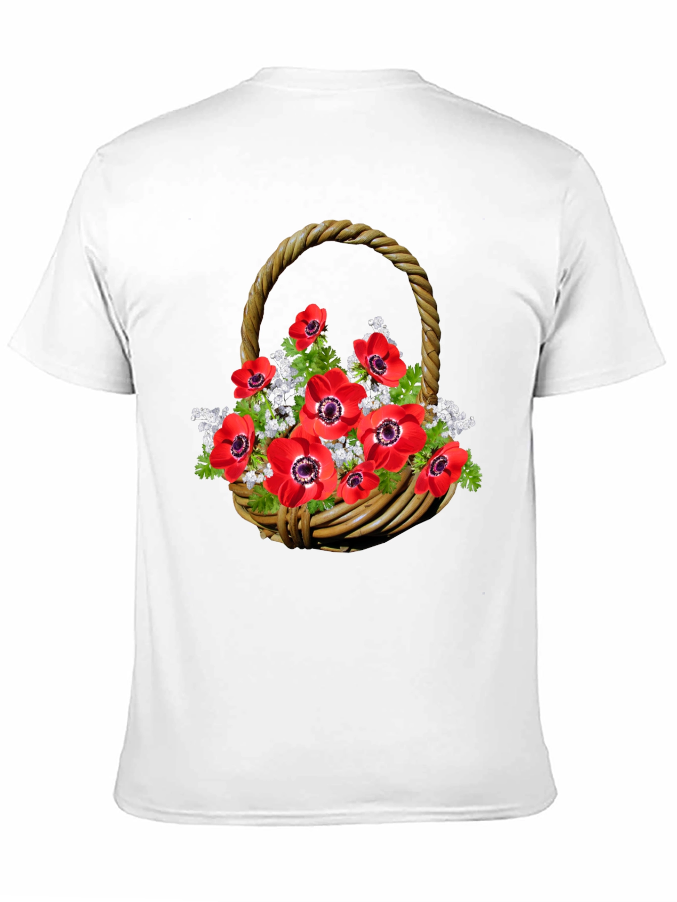 Floral Basket T-Shirt: Red Anemones on Black Cotton Tee - 11