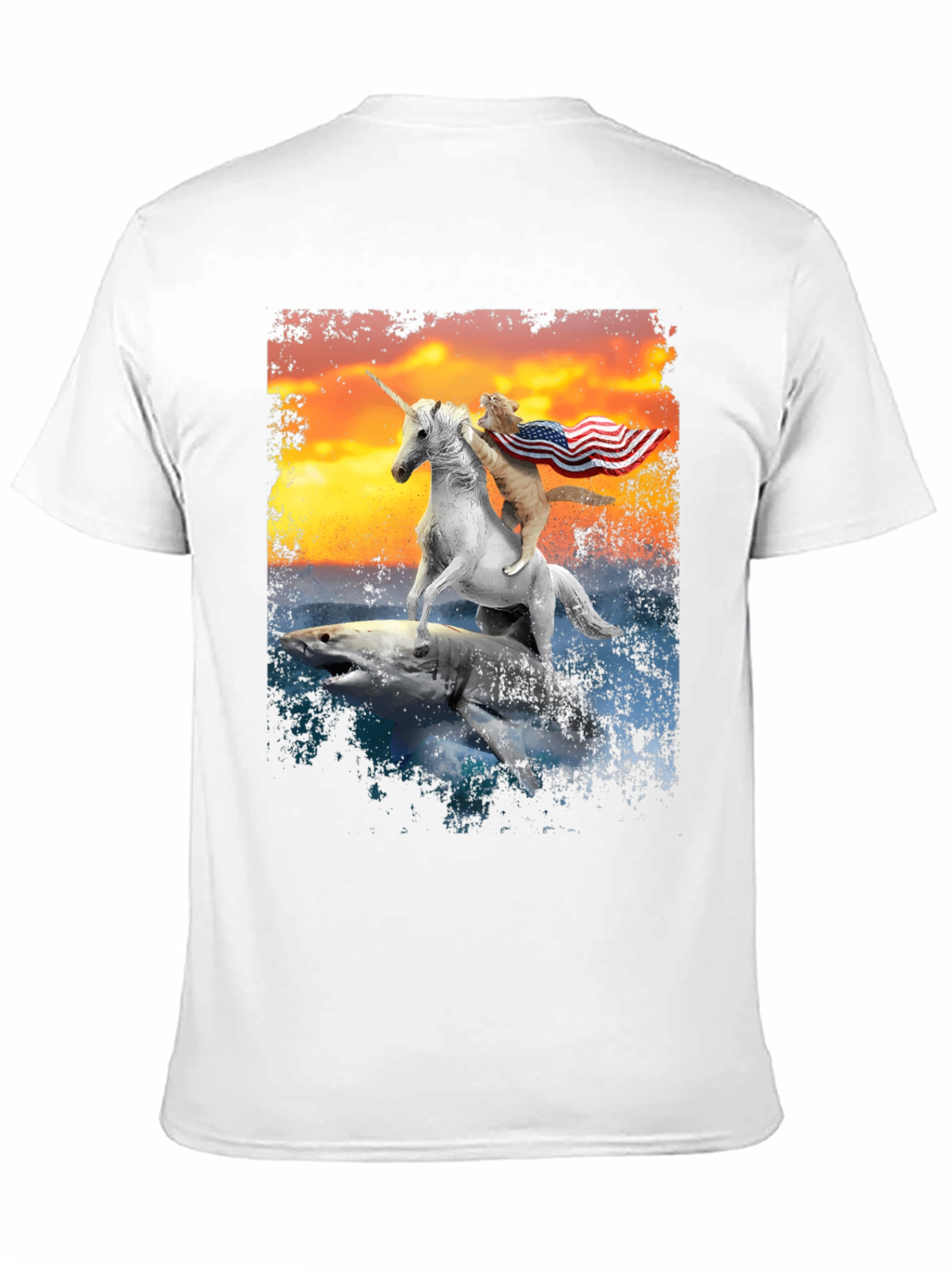 Black Cat Riding Unicorn on Shark T-Shirt view 11