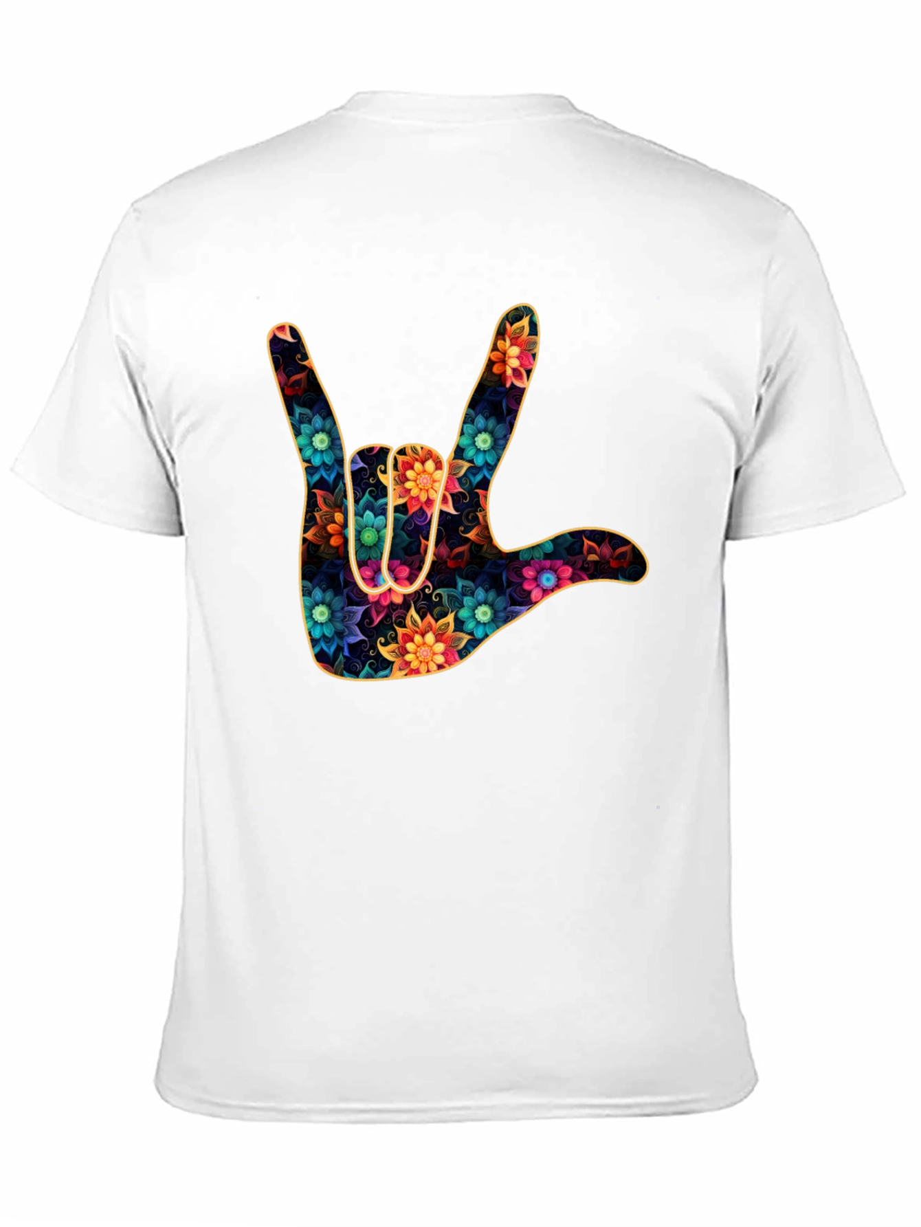 Black Floral "I Love You" Hand Sign Black T-Shirt view 11
