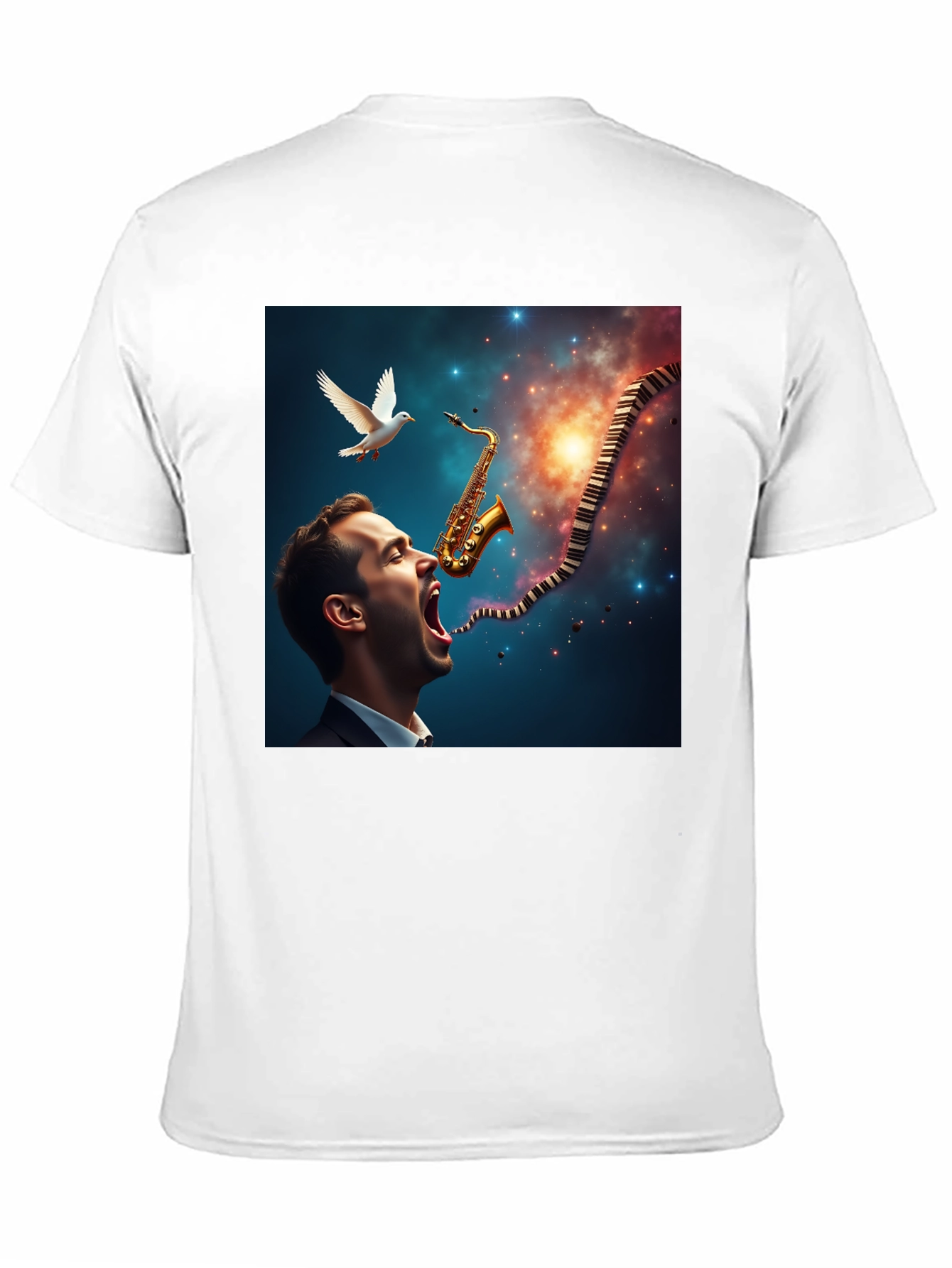 Black Jazz Harmony T-Shirt: Saxophone & Piano Keys Design view 11