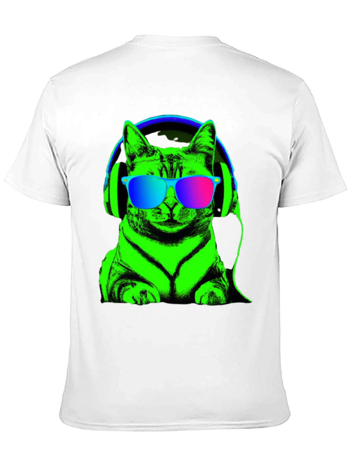 Black Cool Cat Tee: Neon Cat with Headphones T-Shirt view 11