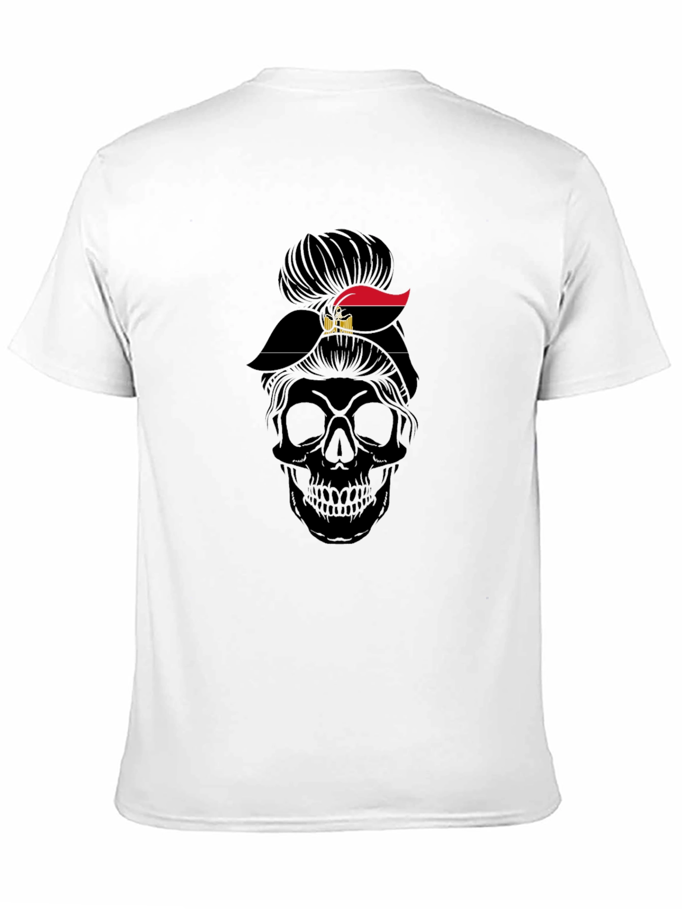 Black Skull Messy Bun Egypt Flag T-Shirt view 11